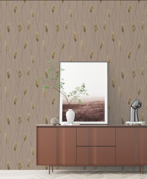 Luxury Minimalist Trailing Feather Leaf Textured Taupe Wallpaper Glue -Adhesive