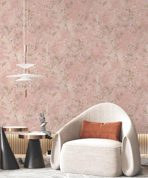 Luxury Chinoiserie Blush Pink Cherry Blossom Distressed Plaster Wallpaper Glue -Adhesive