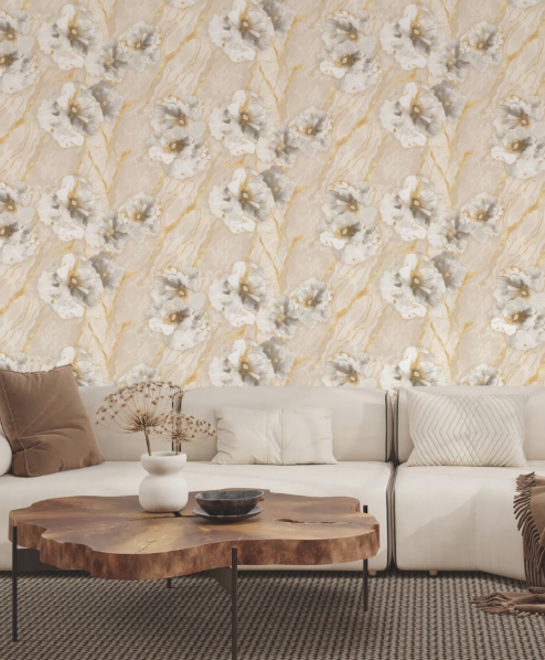 Luxury Beige Marble Liquid Texture Floral Blossom Abstract Wallpaper Glue -Adhesive