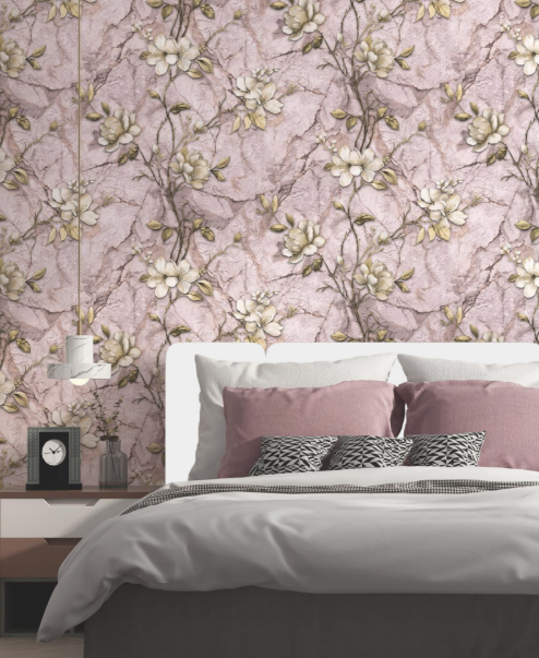 Luxury Imperial Rose Quartz Marble Textured Floral Blossom Wallpaper Glue -Adhesive