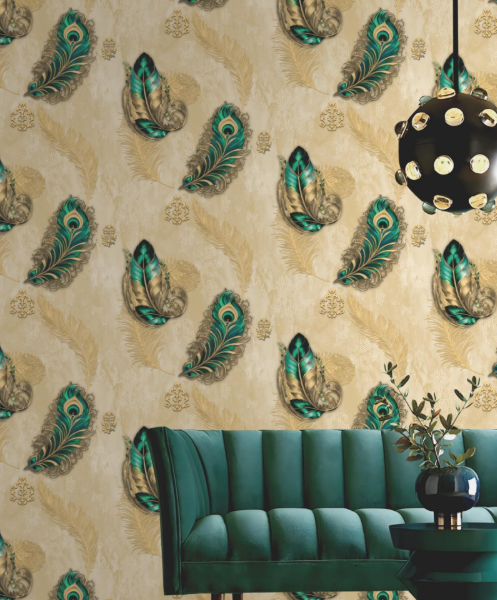 Luxury Emerald Peacock Feather Metallic Gold Embossed Damask Wallpaper Glue -Adhesive