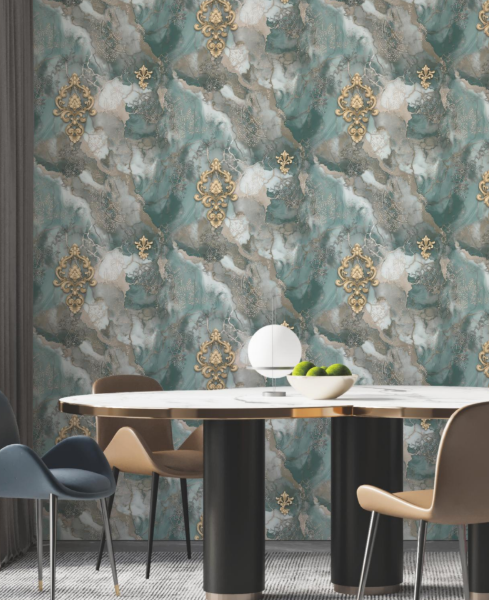 Luxury Emerald Jade Marble Gold Damask Medallion Abstract Wallpaper Glue -Adhesive