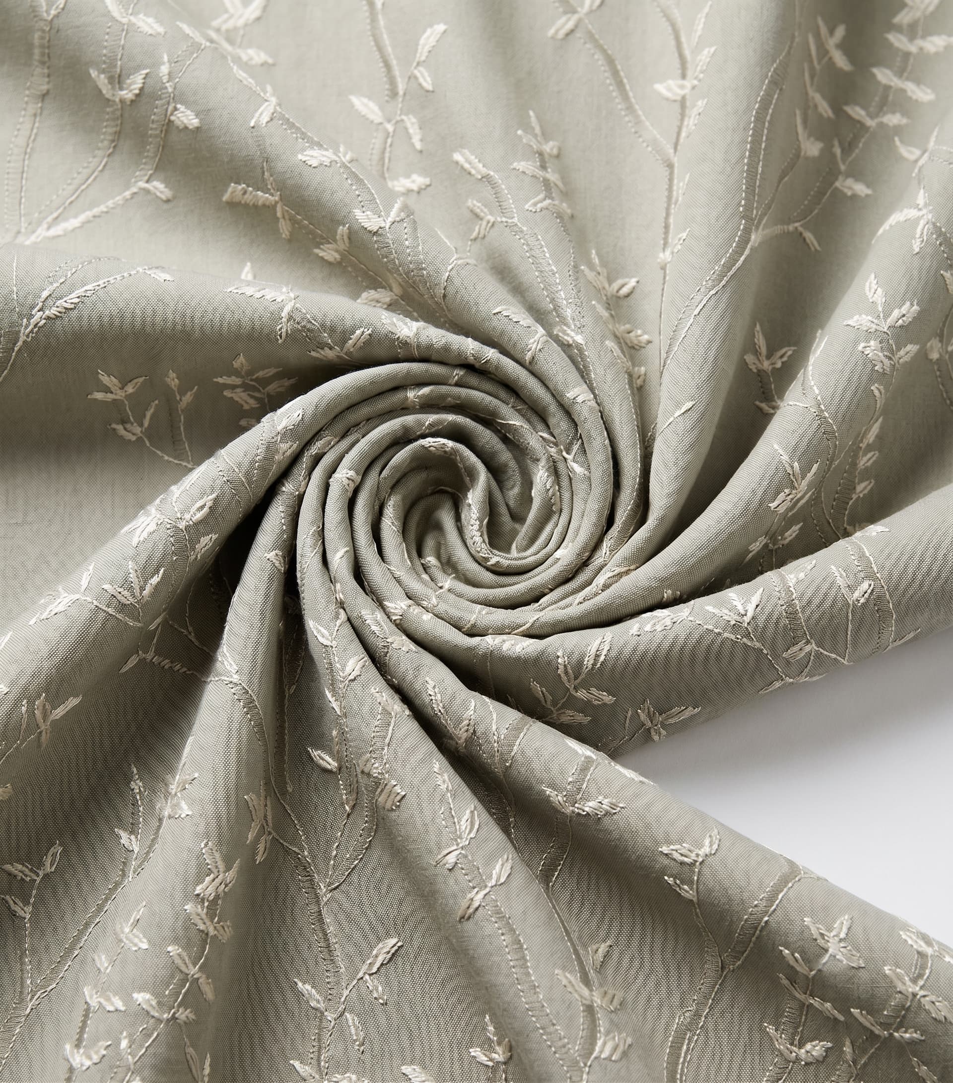 Premium Unstitched Curtain Fabric Material with Luxury Cream Floral Vine Leaf Embroidery for Custom Sage Green Window Drapes