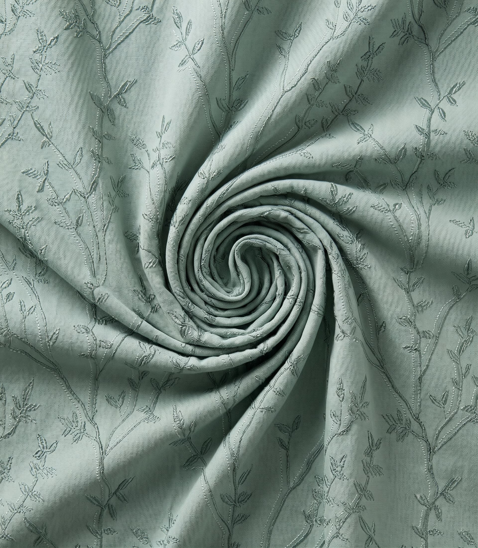 Premium Unstitched Curtain Fabric Material with Luxury Matching Tone Floral Vine Leaf Embroidery for Custom Sage Green Window Drapes
