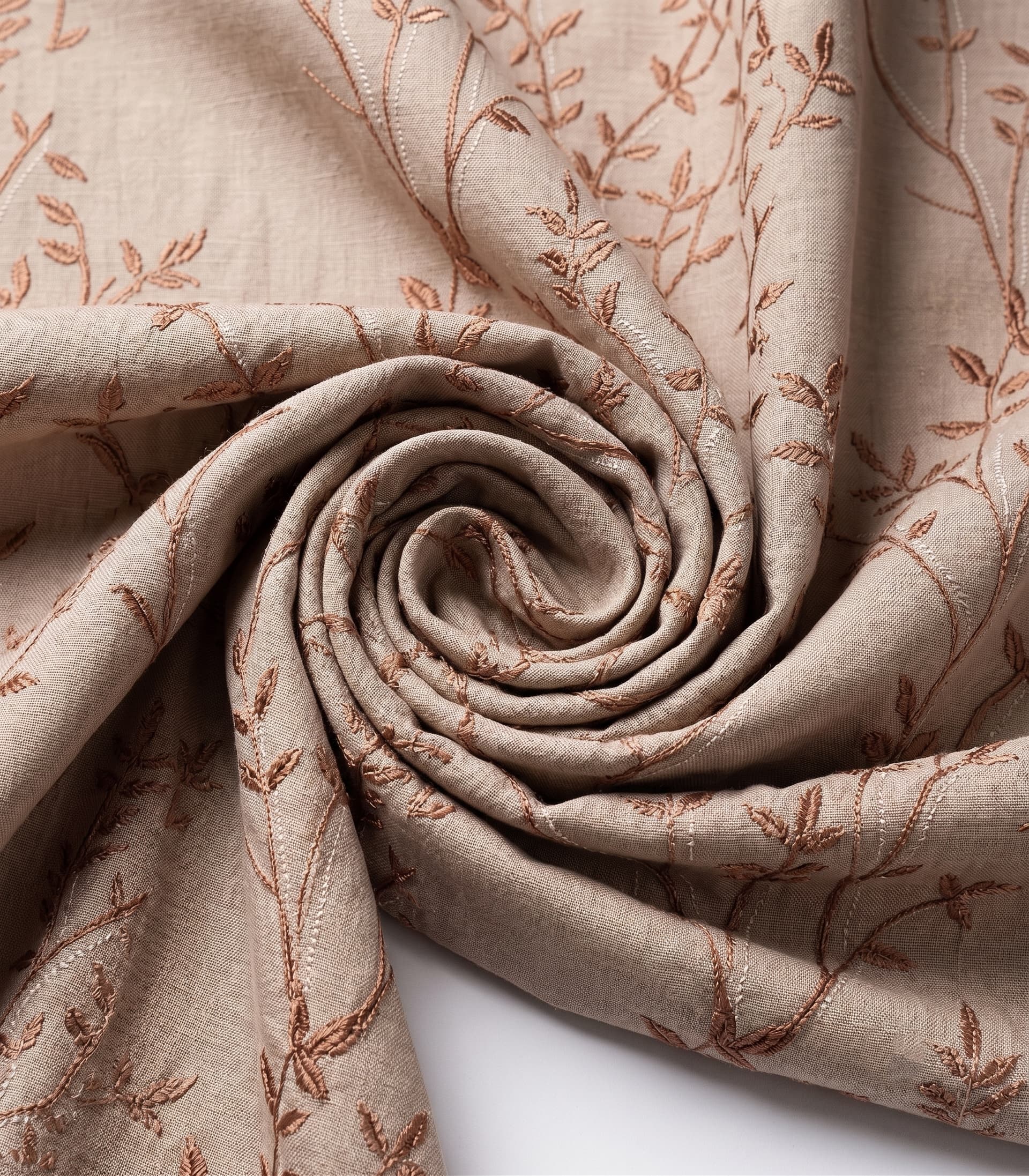 Premium Unstitched Curtain Fabric Material with Luxury Terracotta Rose Gold Floral Vine Leaf Embroidery for Custom Beige Window Drapes