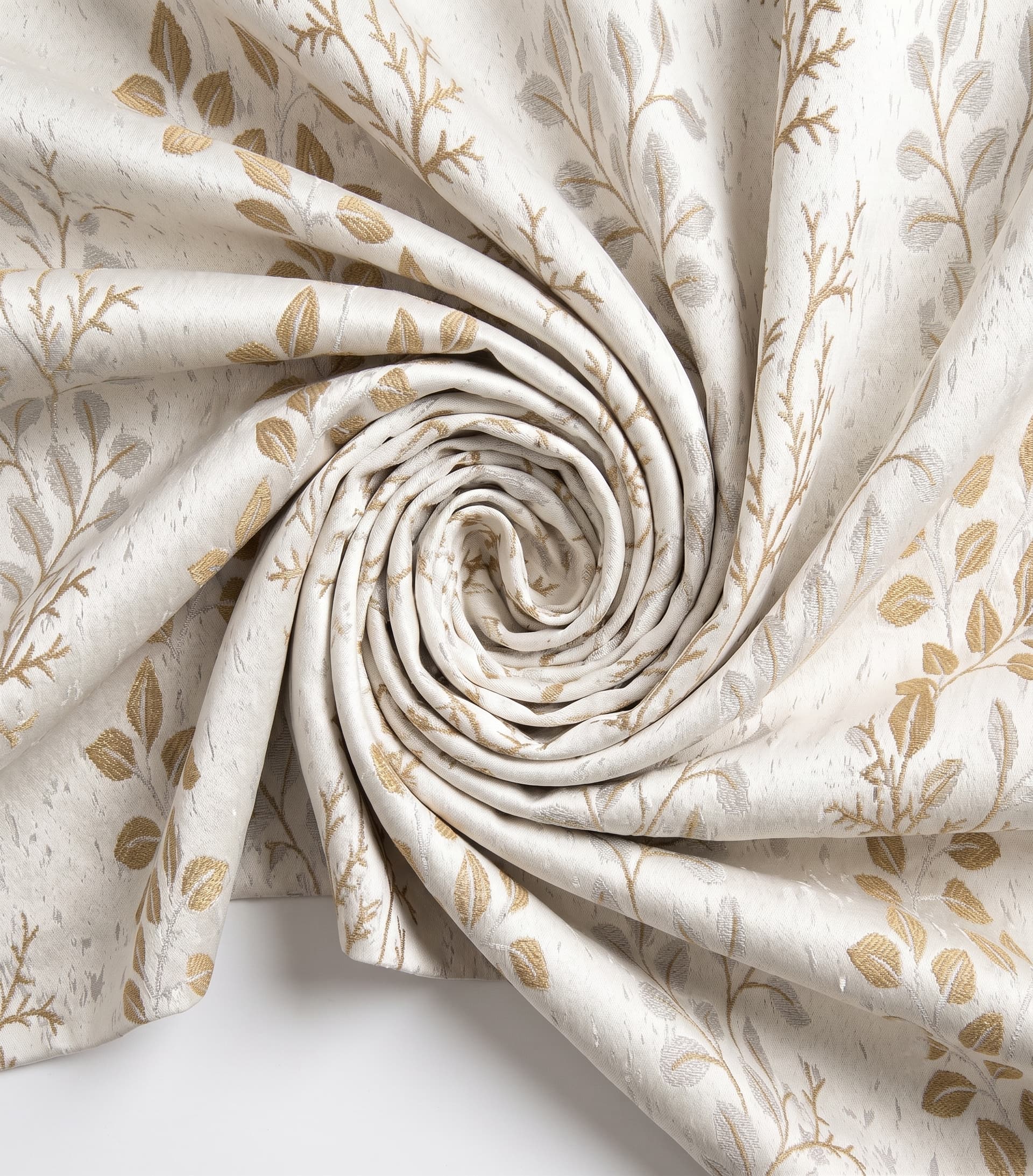 Premium Jacquard Damask Drapery and Upholstery Fabric – Elegant Cream White with Raised Metallic Gold Embroidered Floral Leaf Branches, High-End Home Decor & Curtains Material by the Yard
