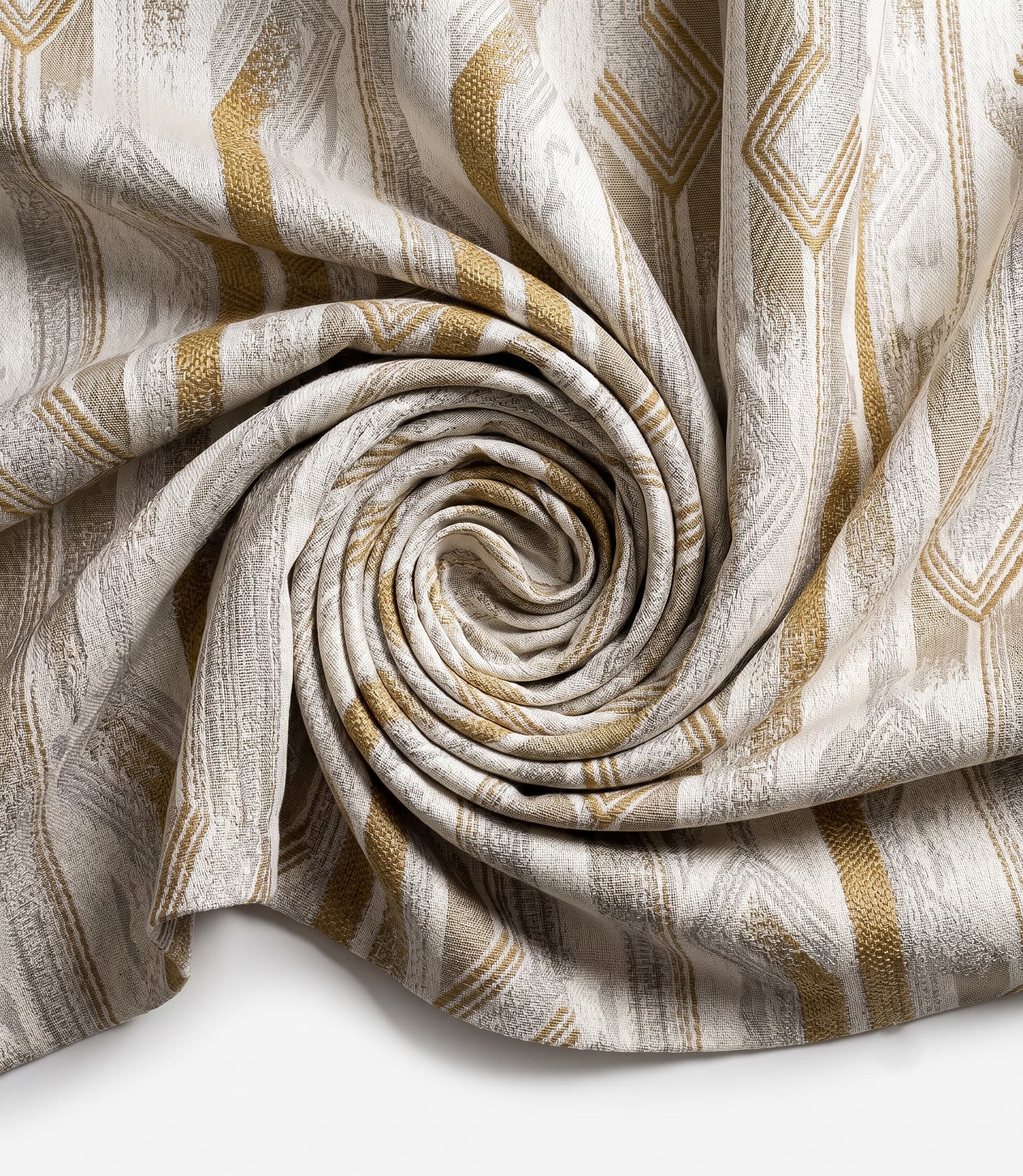 Luxury Modern Geometric Ikat Jacquard Fabric – Textured Metallic Gold and Silver Abstract Stripe Drapery & Upholstery Material