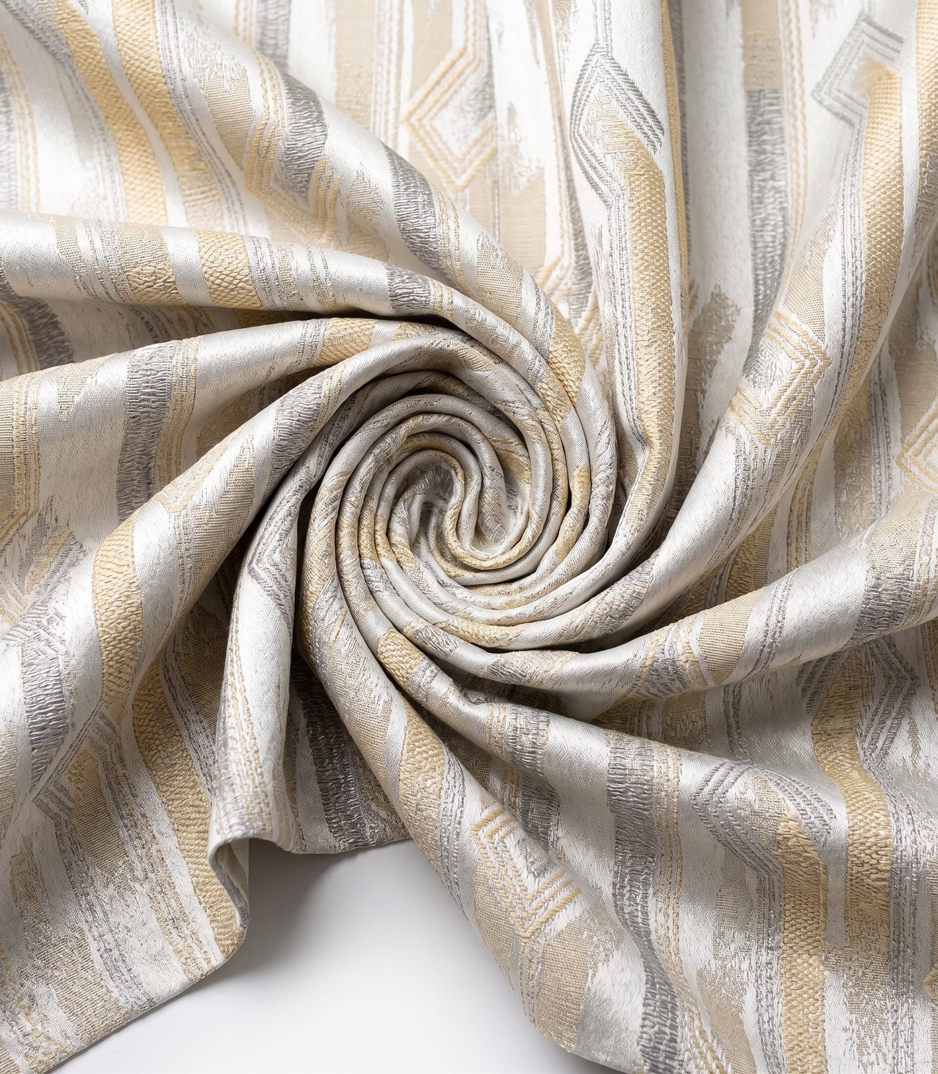 Premium Metallic Geometric Ikat Jacquard Fabric – Luxury Textured Champagne Gold and Shimmering Silver Striped Diamond Pattern Material for High-End Custom Drapery, Curtains, and Luxury Upholstery