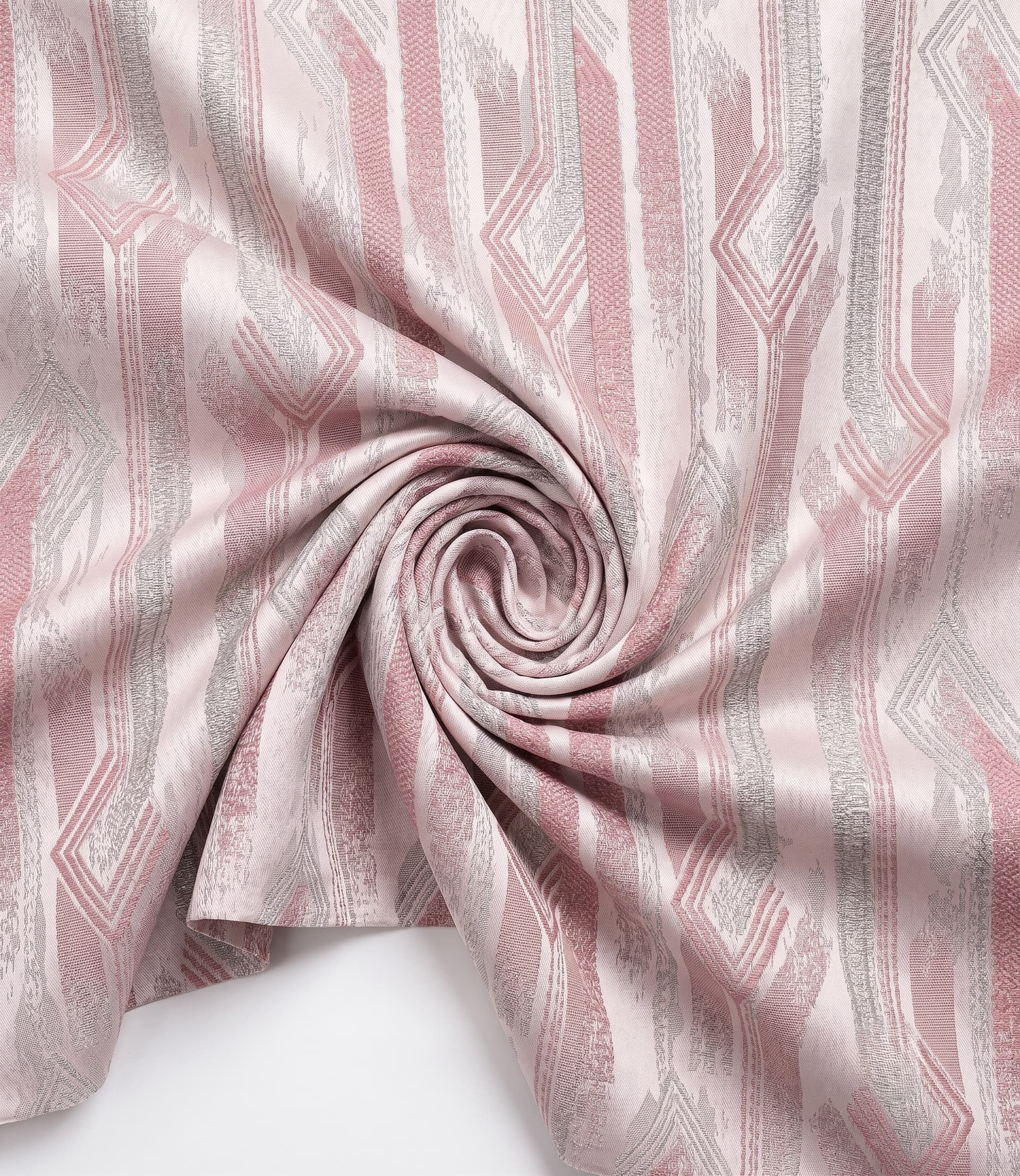 Premium Metallic Geometric Ikat Jacquard Fabric – Luxury Textured Blush Pink and Shimmering Silver Striped Diamond Pattern Material for High-End Custom Drapery, Curtains, and Luxury Upholstery