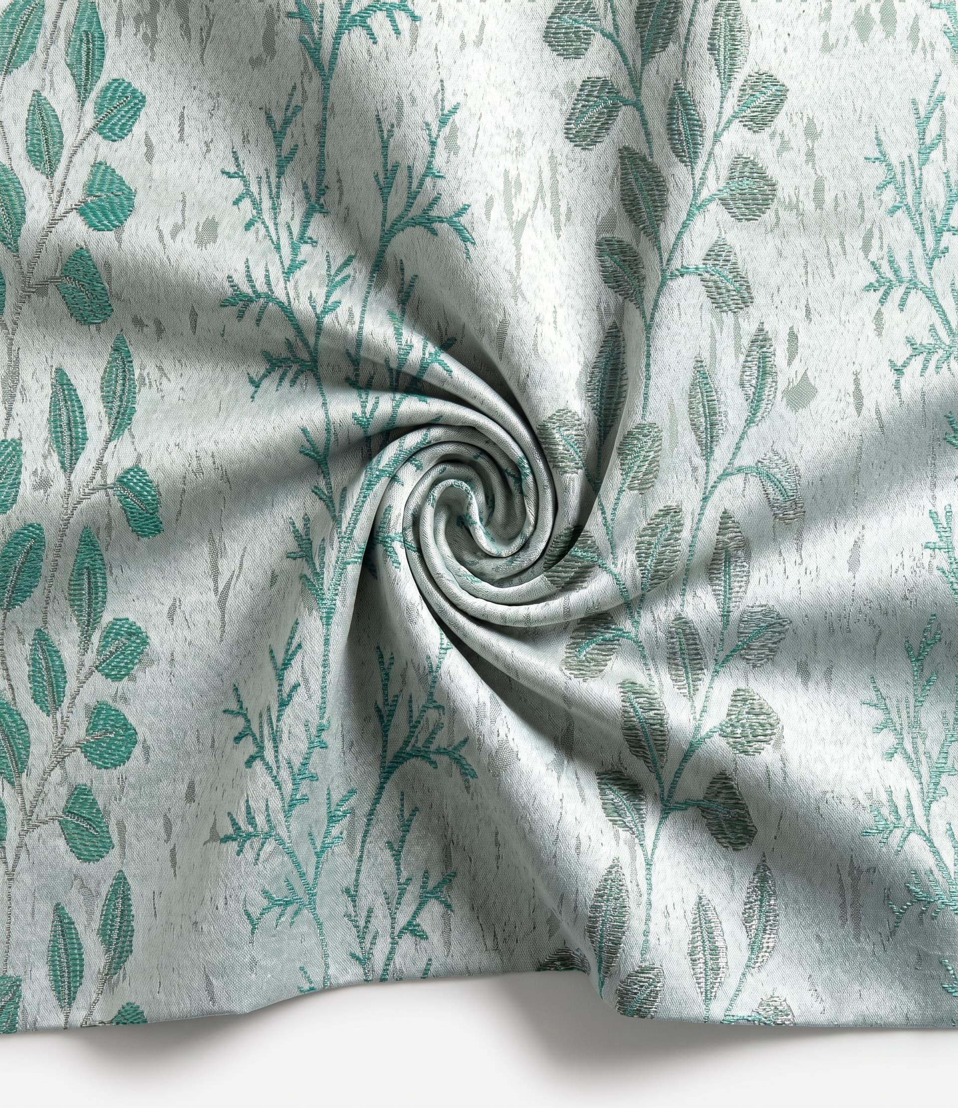 Premium Mint Sage Botanical Trail Jacquard Fabric – Luxury Textured Teal and Silver Eucalyptus Vine Pattern Material for Elegant Custom Drapery, Curtains, and Home Upholstery (Includes Free Design Consultation & Swatch Service)