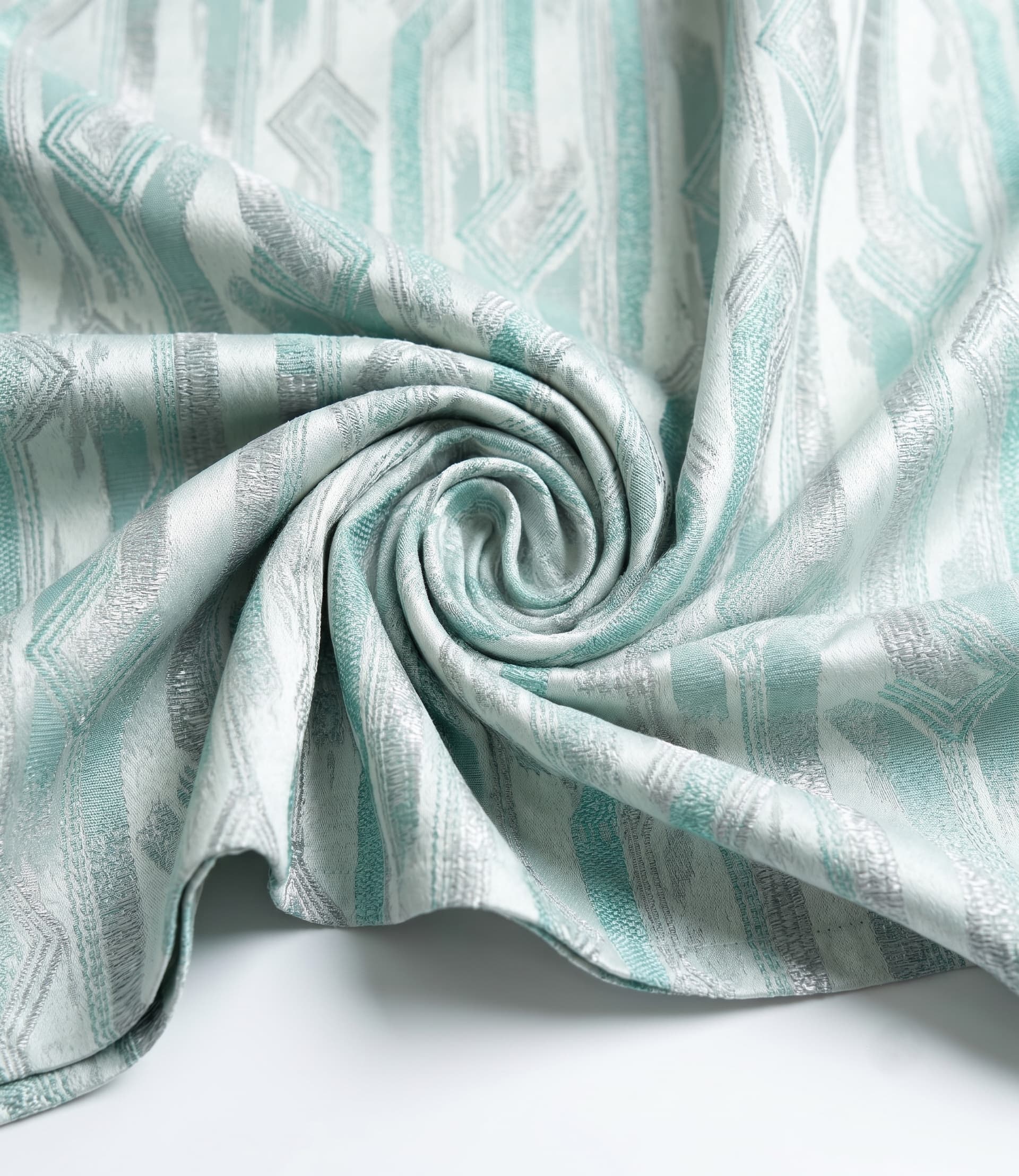 Premium Metallic Geometric Ikat Jacquard Fabric – Luxury Textured Mint Green and Shimmering Silver Striped Diamond Pattern Material for High-End Custom Drapery, Curtains, and Luxury Upholstery