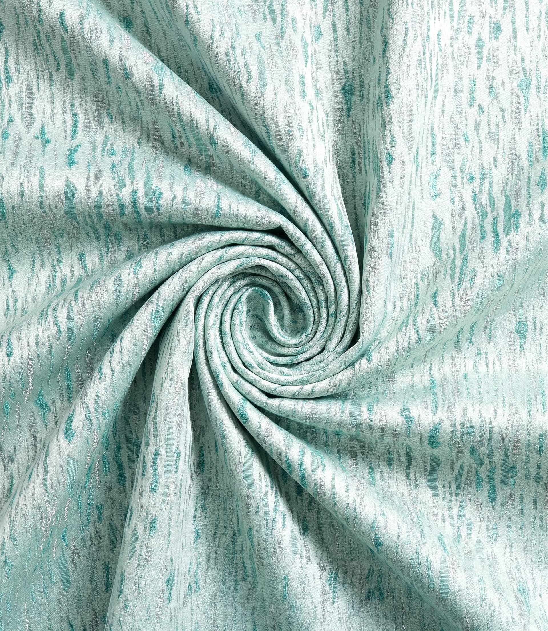 Premium Abstract Distressed Bark Jacquard Fabric Luxury Textured Mint Green and Shimmering Silver Metallic Weathered Stripe Material for High-End Custom Drapery, Curtains, and Accent Upholstery