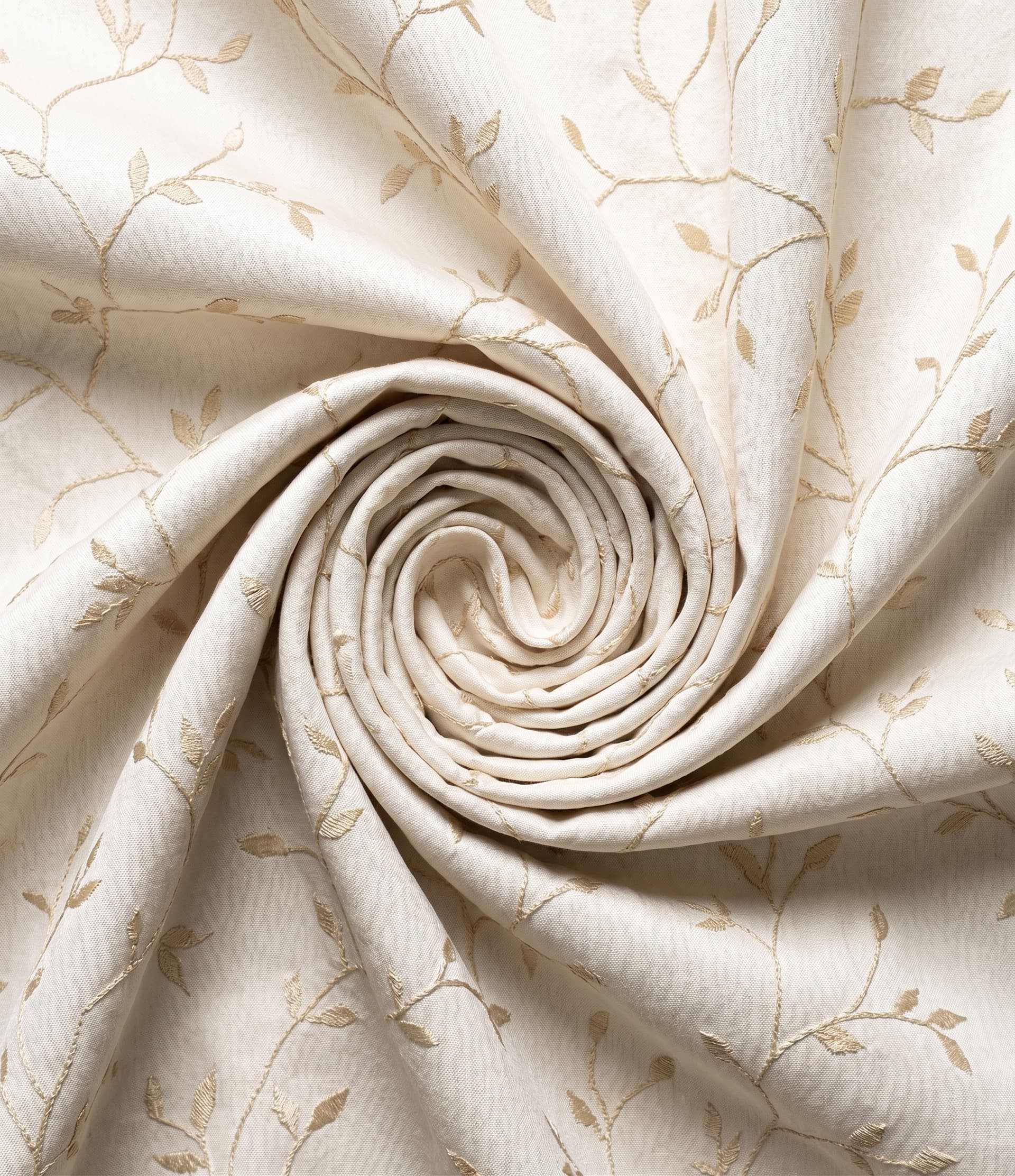 Premium Cream Ivory Embroidered Vine Fabric – Luxury Textured Satin-Soft Champagne Gold Material with Delicate Botanical Leaf Pattern for Custom Drapery, Curtains, and High-End Accent Upholstery