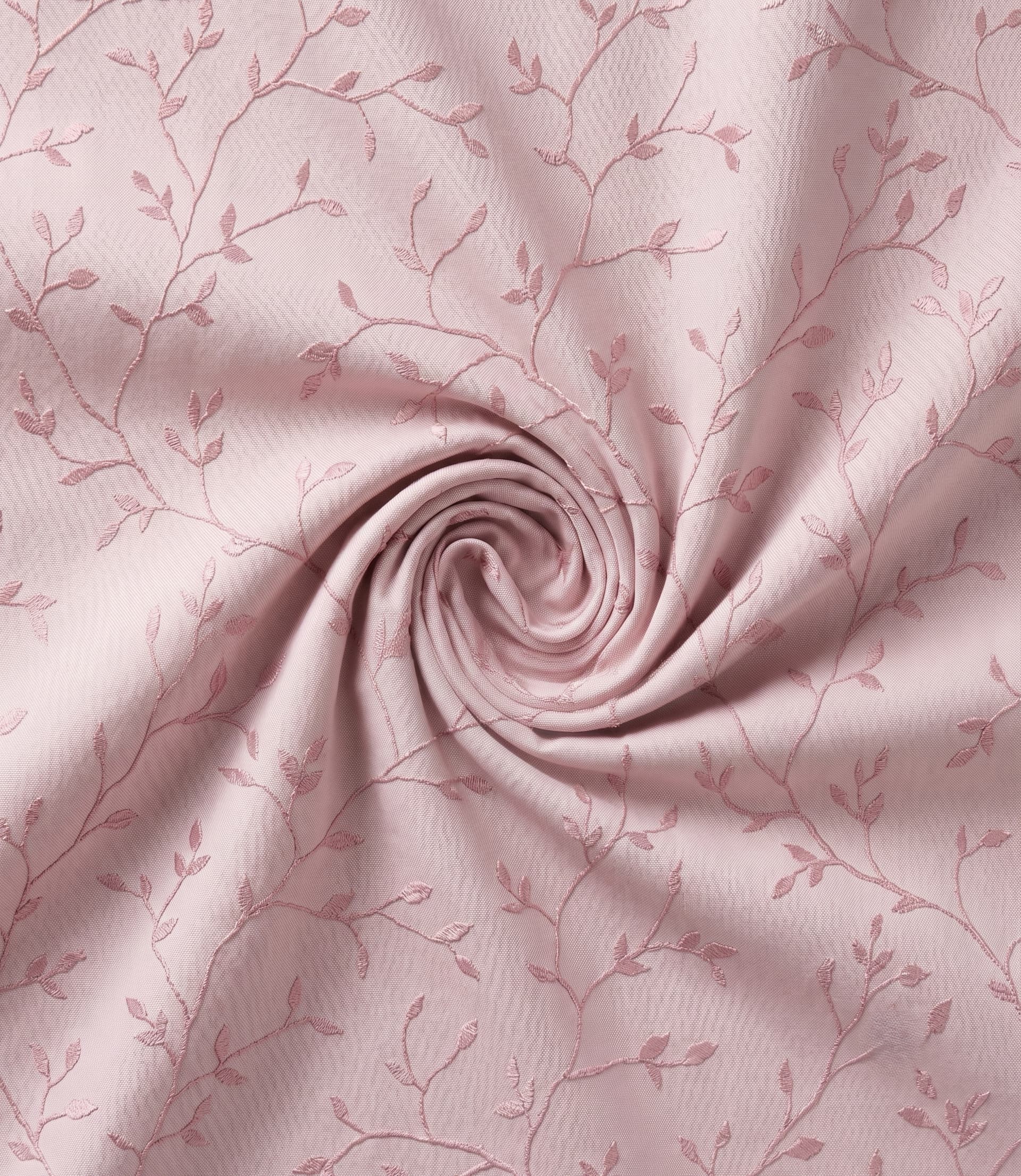 Premium Blush Pink Embro Embroidered Vine Fabric – Luxury Textured Satin-Soft Dusty Rose Material with Delicate Botanical Leaf Pattern for Custom Drapery, Curtains, and High-End Accent Upholster