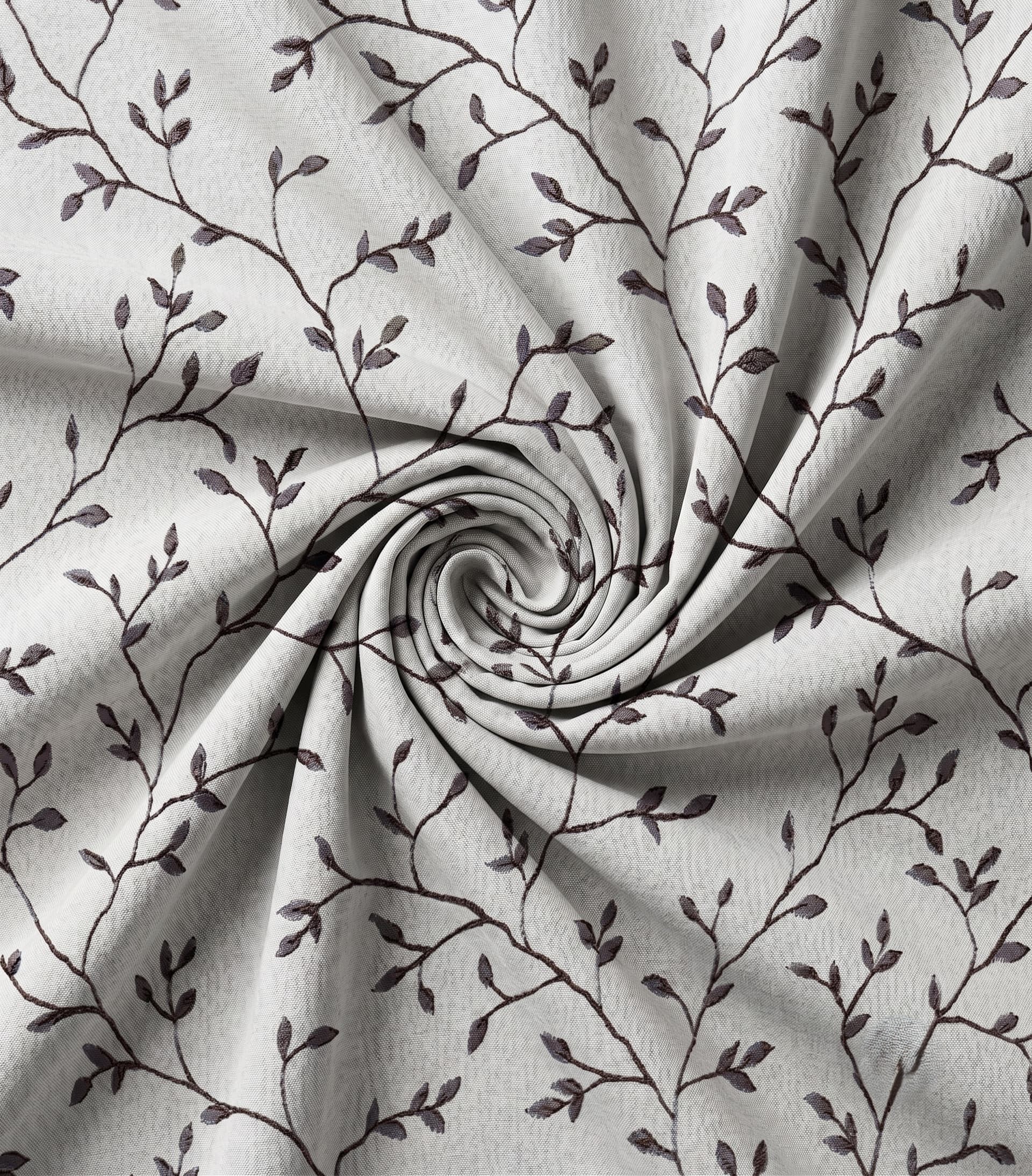 Premium Silver Gray Embroidered Vine Fabric – Luxury Textured Charcoal Gray Material with Delicate Botanical Leaf Pattern for Custom Drapery, Curtains, and High-End Accent Upholstery