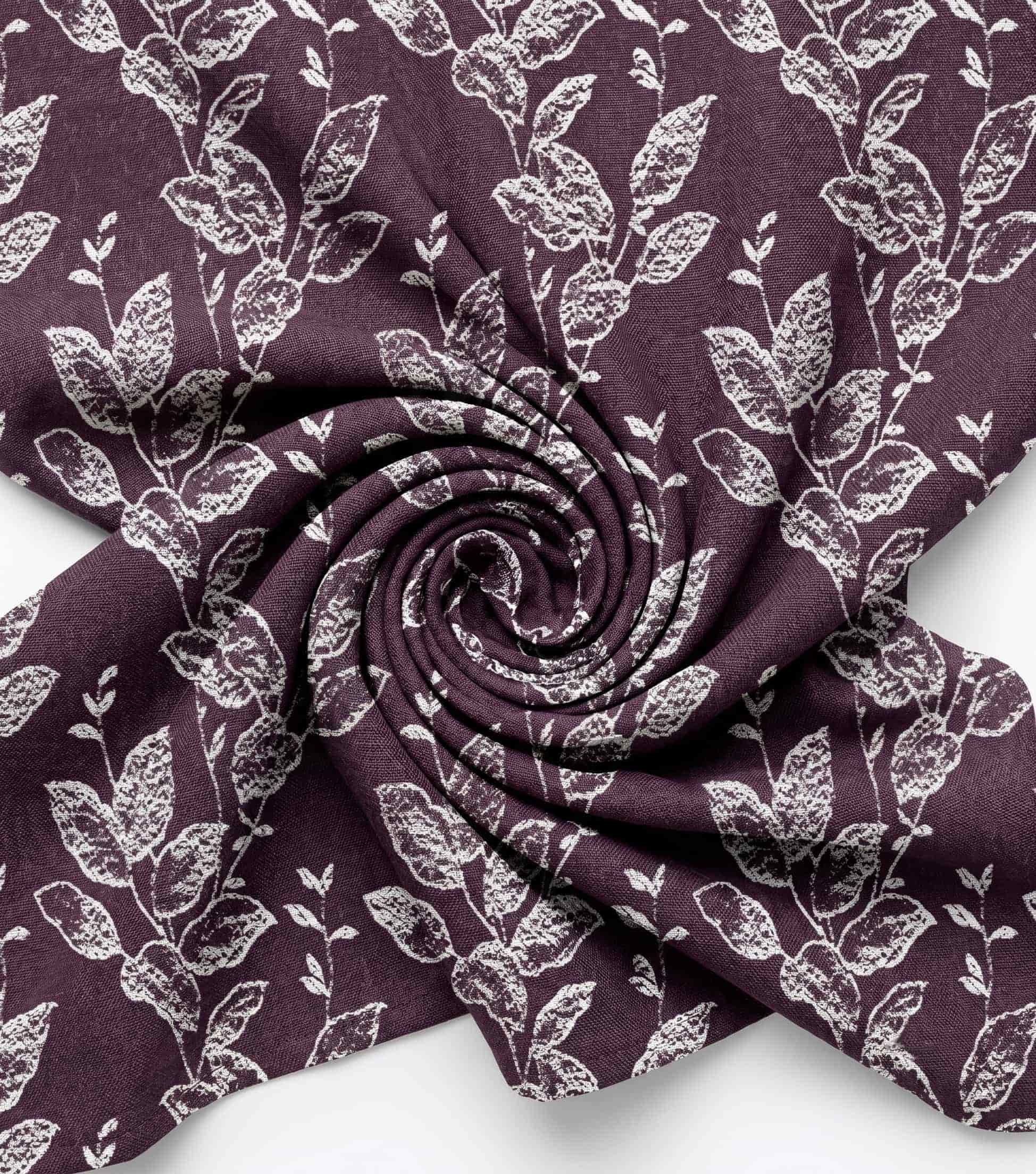 Premium Eggplant Purple Leaf Silhouette Linen Curtain Fabric – Custom Made Window Drapes with Free In-Home Design Consultation and Full Installation Services
