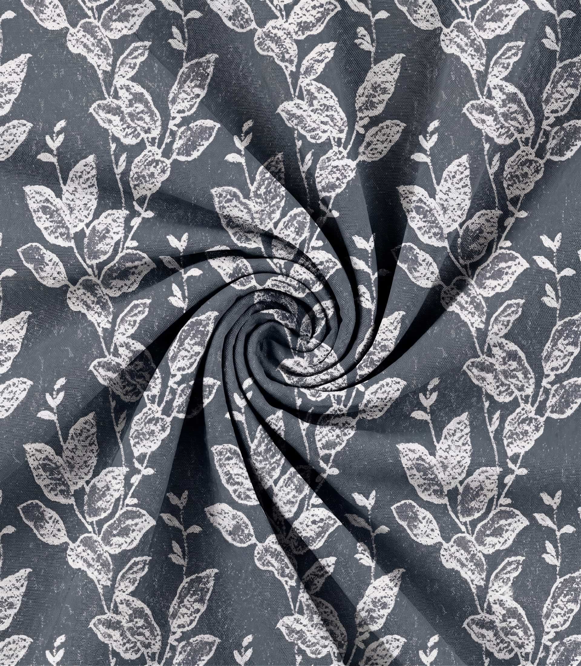 Premium Charcoal Indigo Blue Leaf Silhouette Linen Curtain Fabric – Custom Made Window Drapes with Free In-Home Design Consultation and Full Installation Services