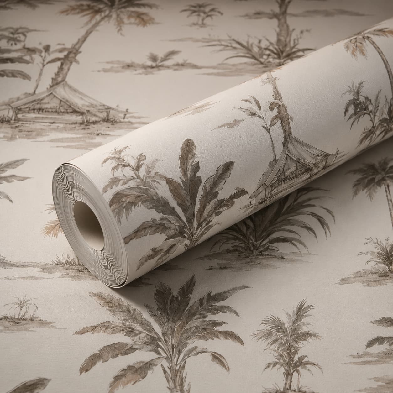 Luxury Tropical Palm Tree Landscape Wallpaper Roll | Premium Beige Botanical Scenic Wall Covering for Living Room, Bedroom, Hotel & Modern Interior Décor
