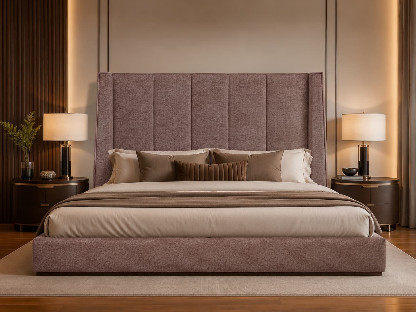 Aurelia Premium Warm Mocha Taupe Textured Fabric Vertical Channel Wingback Upholstered Bed Headboard with Piped Edges