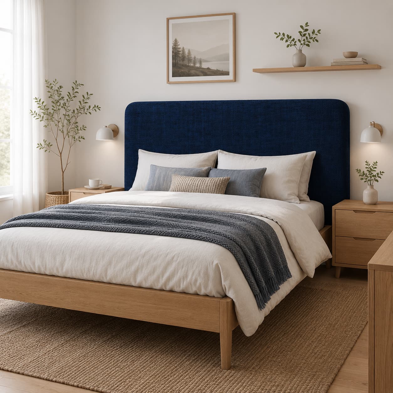 Nocturne Premium Navy Blue Textured Fabric Rounded Upholstered Bed Headboard with Soft Padding and Tailored Piped Edges