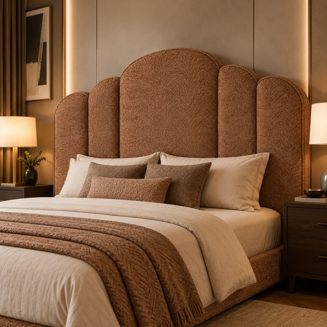 Arden Premium Caramel Brown Textured Fabric Three-Panel Wingback Upholstered Bed Headboard with Double Piped Edges