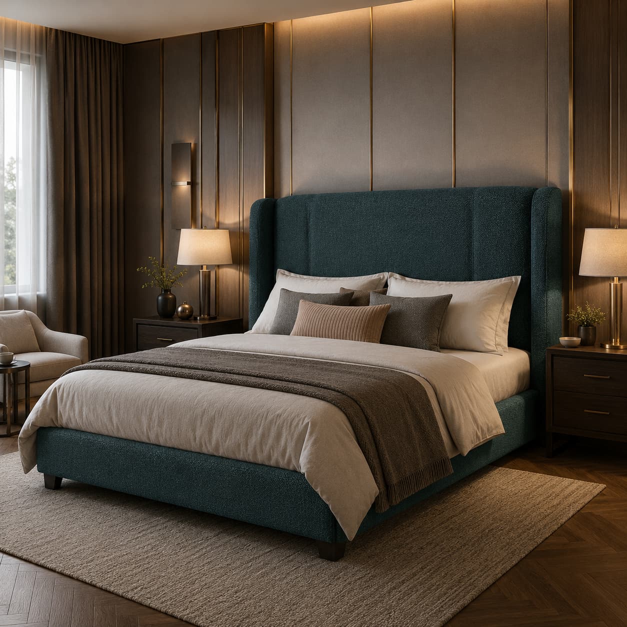 Elara Premium Deep Teal Green Textured Fabric Vertical Channel Wingback Upholstered Bed Headboard with Rounded Corners and Piped Edges