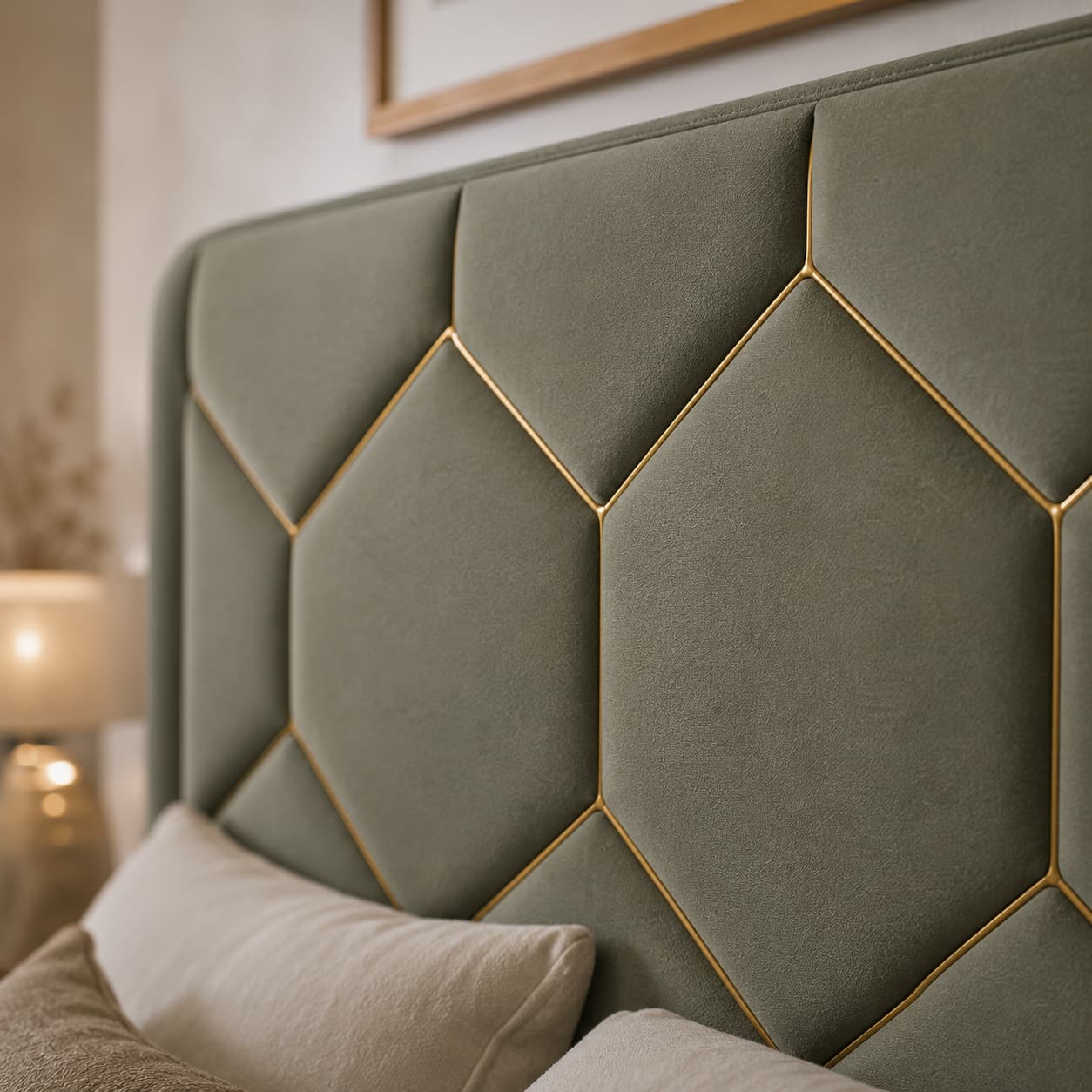 Verdelle Premium Olive Green Textured Leather Geometric Hexagon-Panel Upholstered Bed Headboard with Gold-Tone Inlay