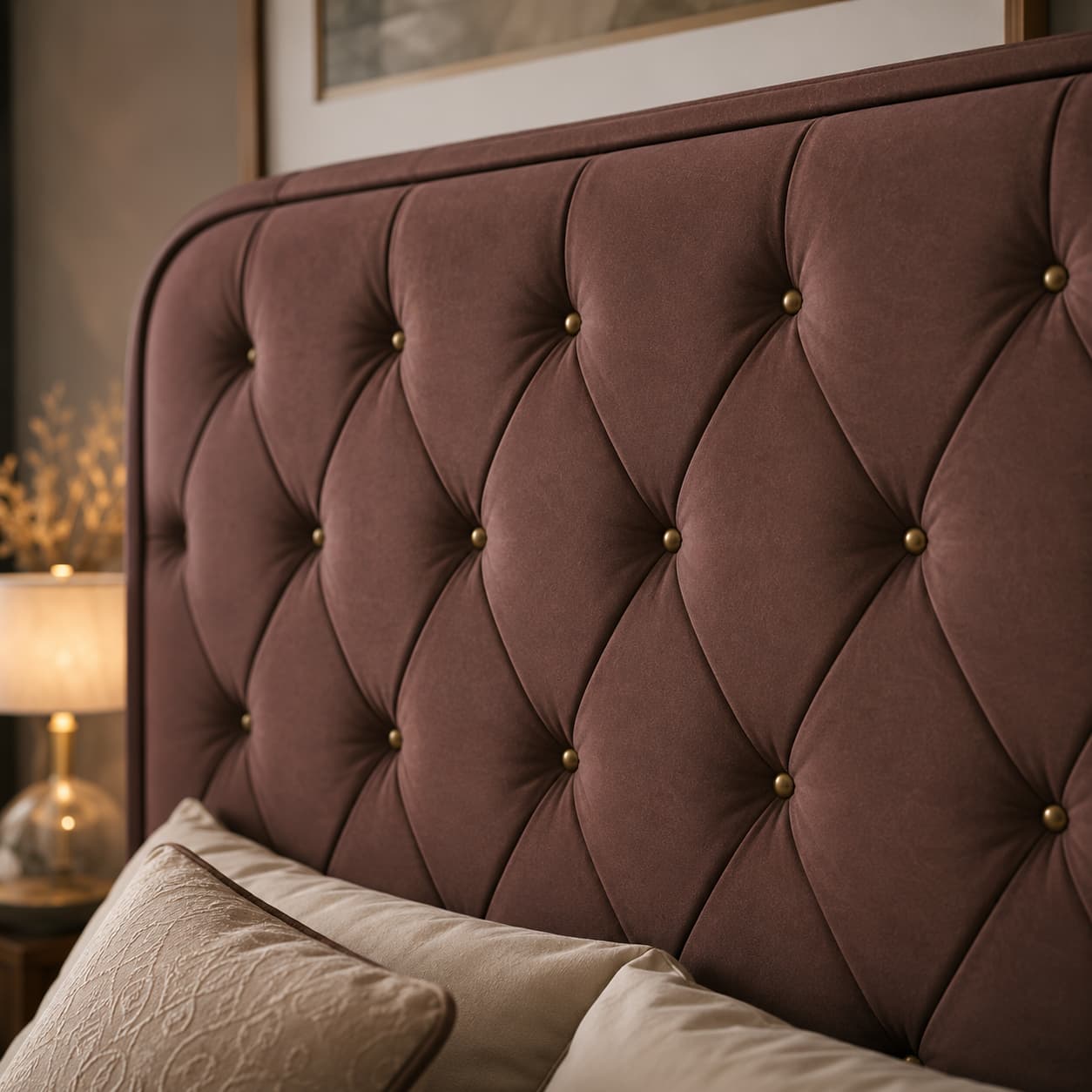 Mirelle Premium Mocha Rose Velvet Diamond Button-Tufted Upholstered Bed Headboard with Antique Gold Buttons and Tailored Piped Border