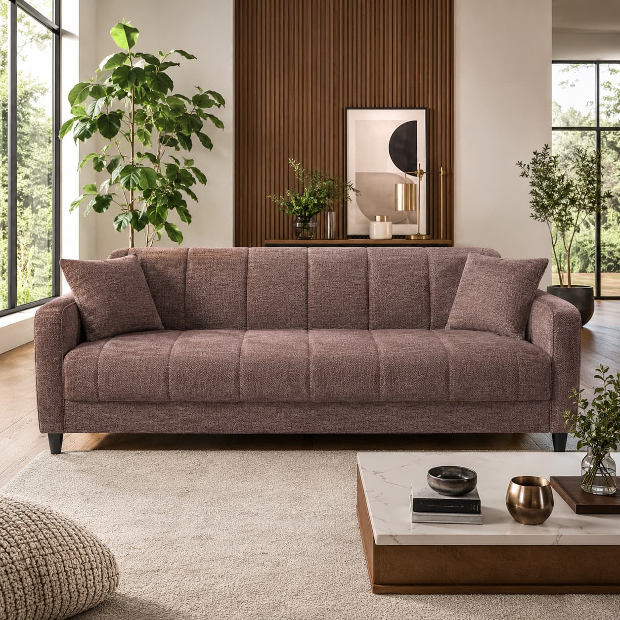 Luxury Modern 3 Seater Fabric Sofa | Premium Upholstered Living Room Couch with High Density Foam Cushions | Contemporary Designer Sofa for Home, Apartment & Office – Brown Textured Fabric