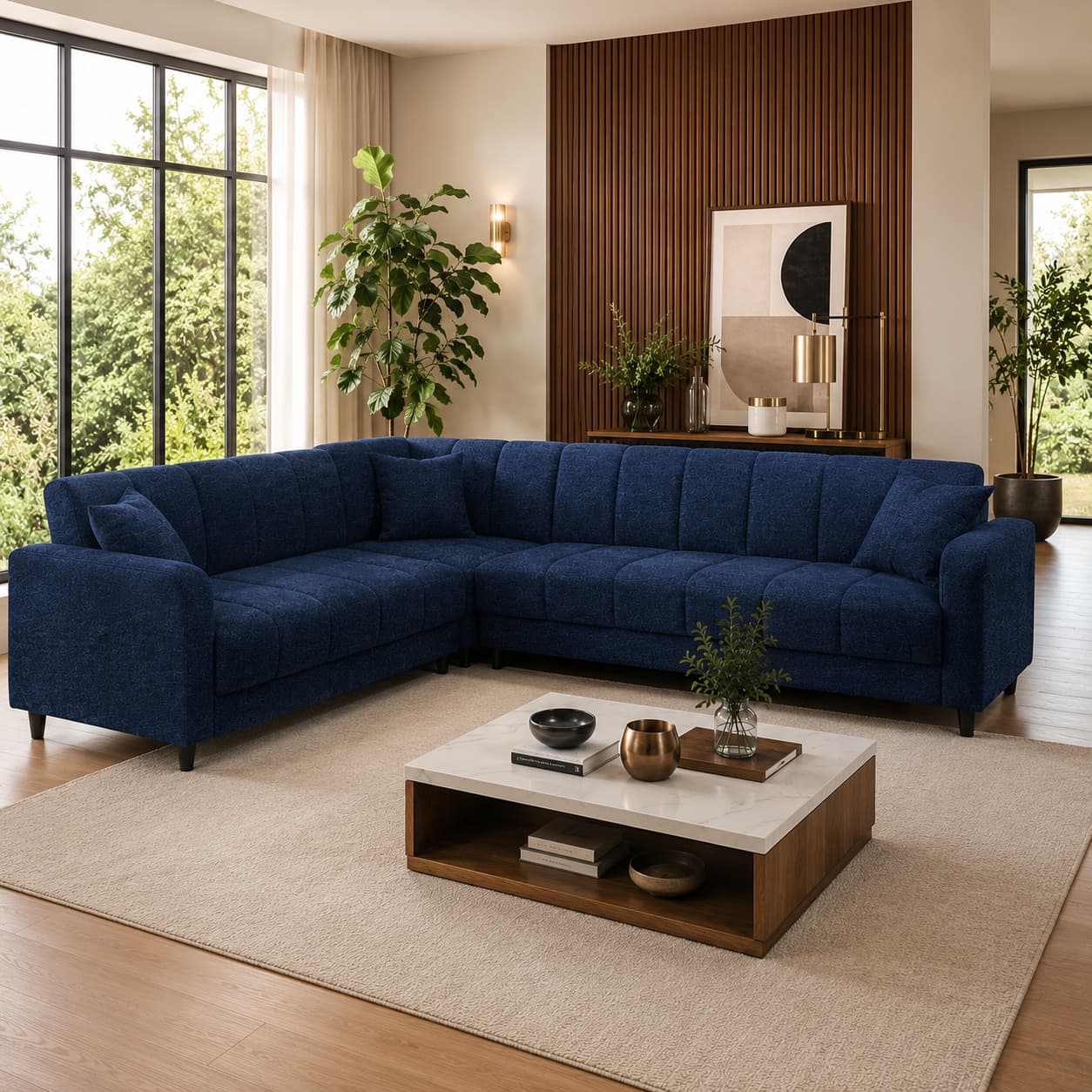 Luxury Modern L Shape Navy Blue Fabric Sectional Sofa | Premium Upholstered Corner Sofa with High Density Foam Cushions | Contemporary Designer Living Room Couch for Home, Apartment & Office