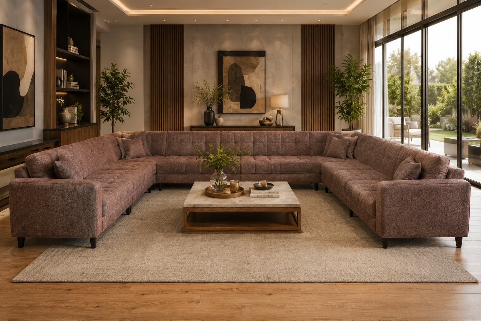 Luxury Modern U Shape Fabric Sectional Sofa | Premium Upholstered U-Shaped Living Room Sofa with High Density Foam Cushions | Contemporary Designer Family Lounge Couch for Home, Villa & Luxury Interiors