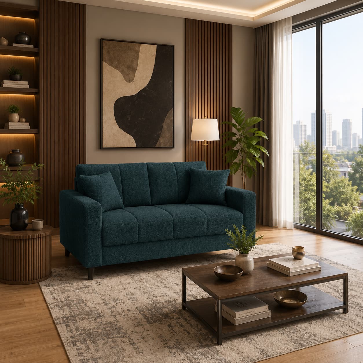 Luxury Modern 2 Seater Teal Blue Fabric Sofa | Premium Upholstered Loveseat with High Density Foam Cushions | Contemporary Designer Couch for Living Room, Apartment & Office