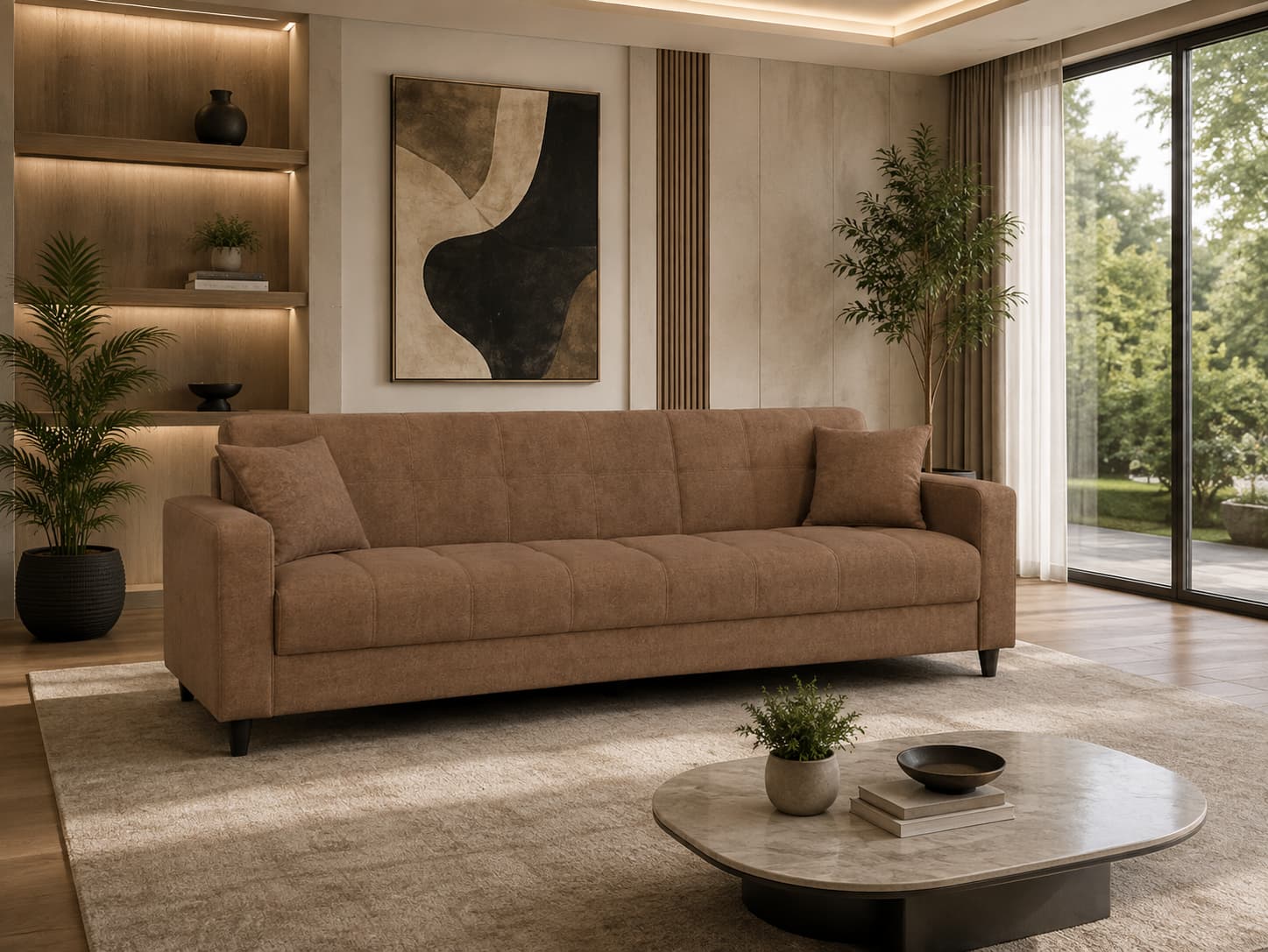 Luxury Modern 3 Seater Camel Brown Fabric Sofa