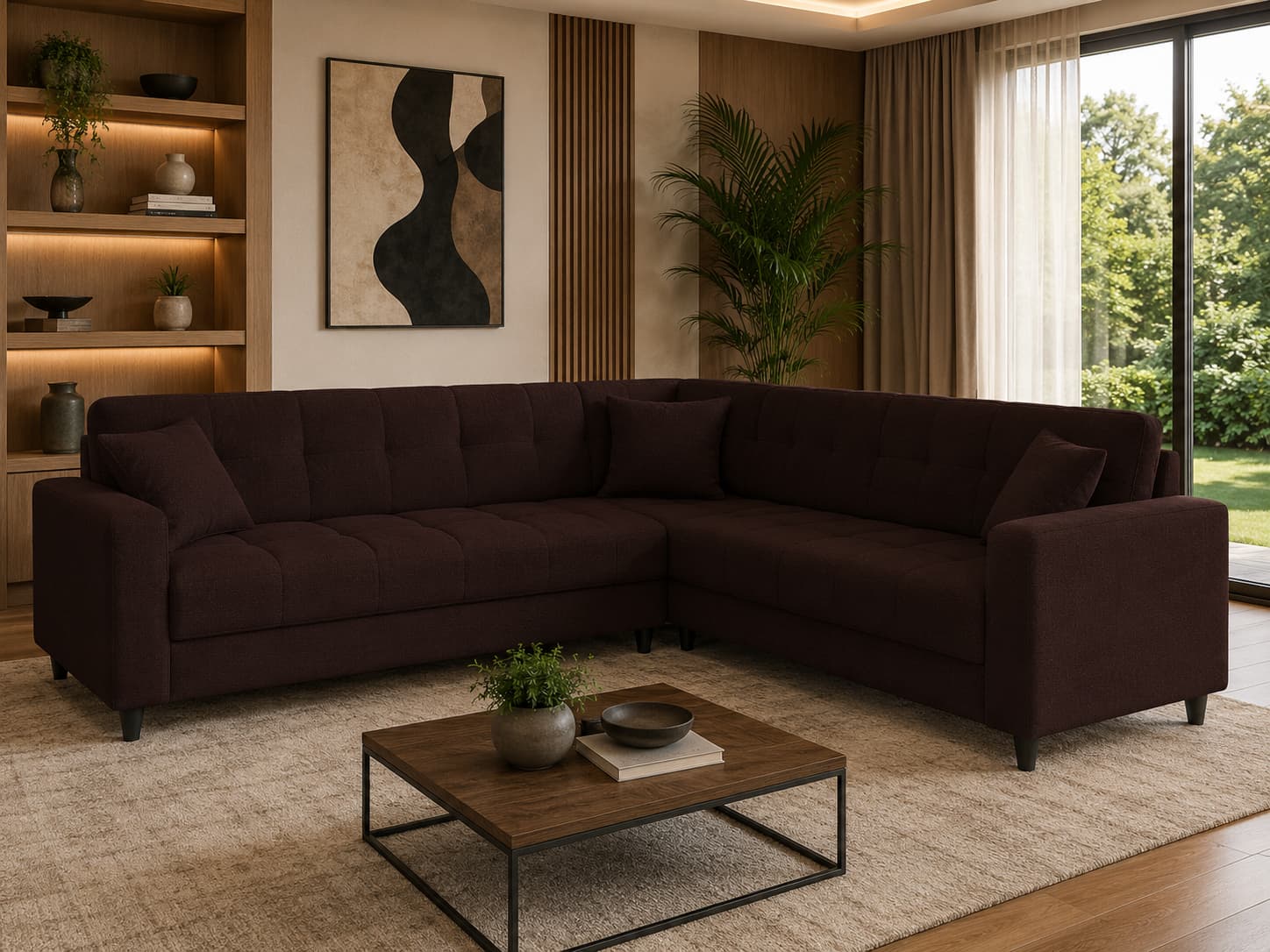 Luxury Modern L Shape Dark Chocolate Brown Fabric Sectional Sofa | Premium Upholstered Corner Sofa with High Density Foam Cushions