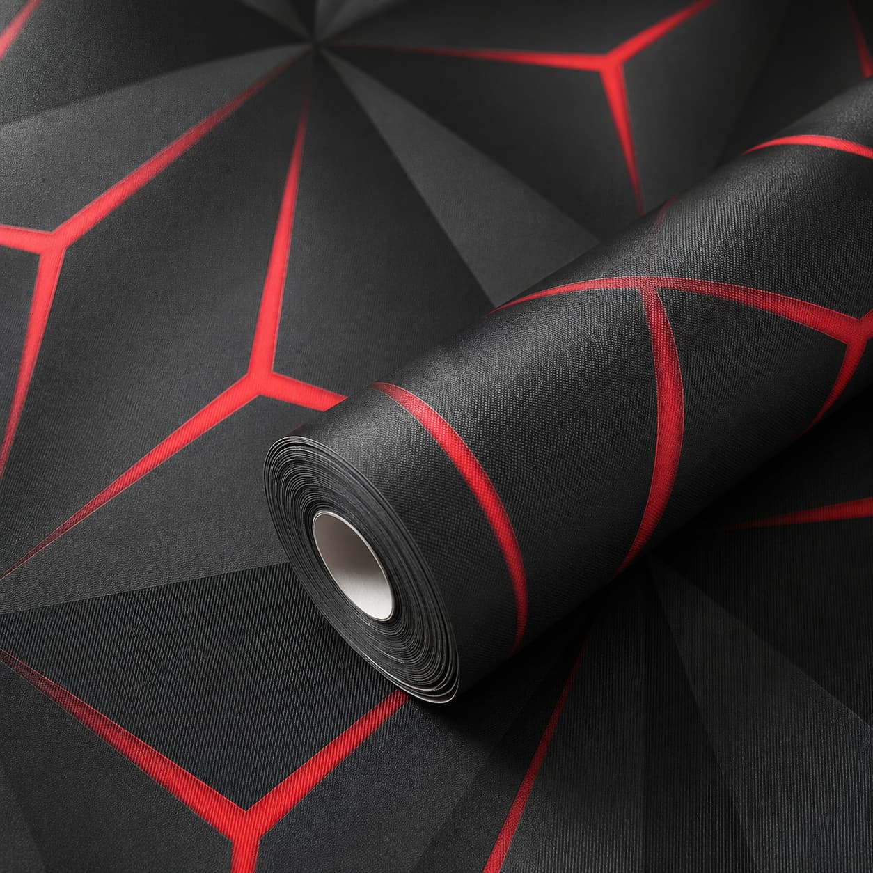 Modern Black & Red 3D Geometric Abstract Wallpaper | Premium Textured Designer Wall Covering for Living Room, Bedroom, Office & Gaming Room