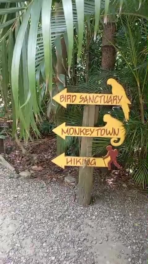 Trail signs for the Bird Sanctuary, Monkey Town and hiking at Gumbalimba Park, Roatán