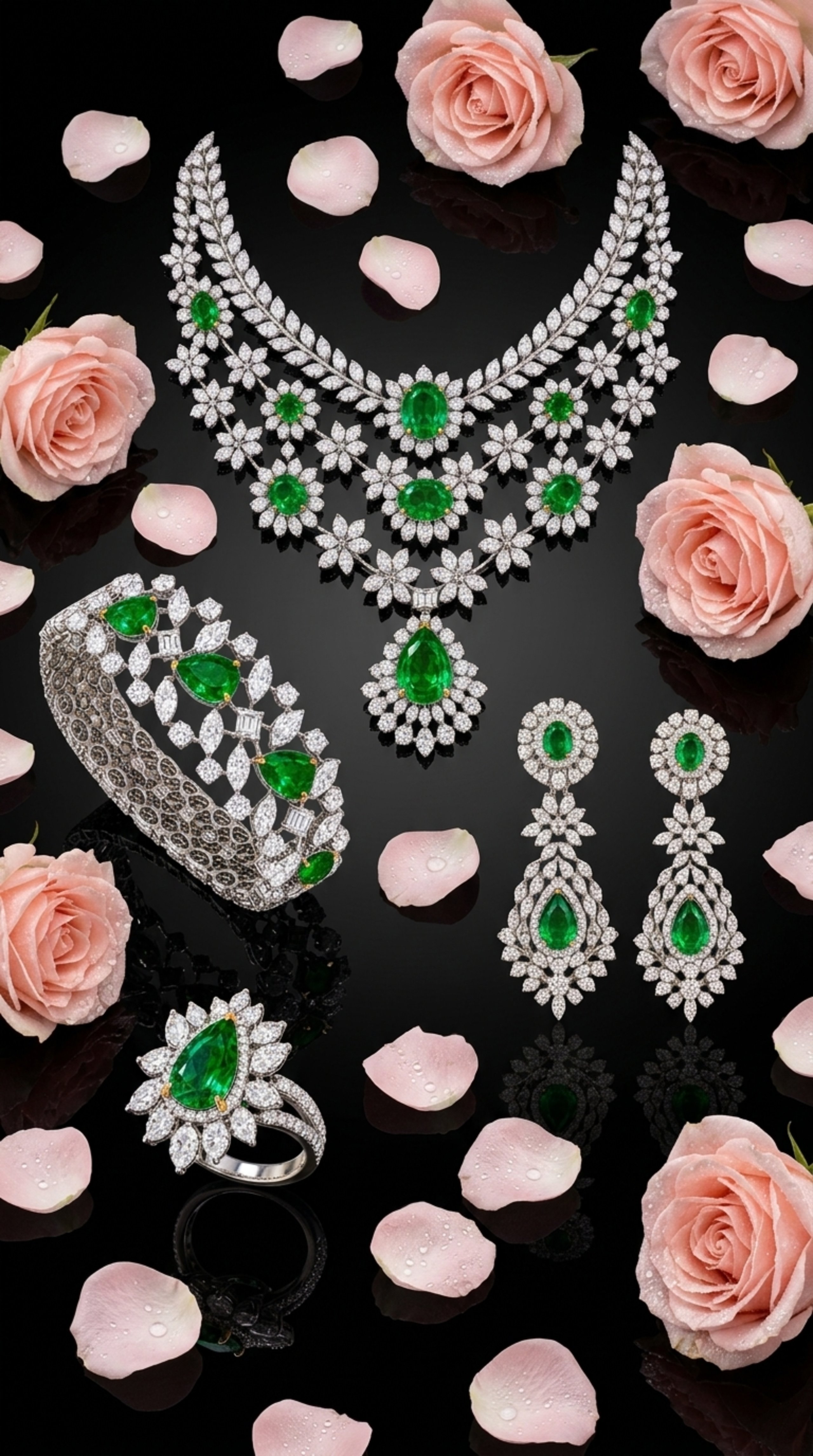 The complete Royal Fairy Tale emerald and diamond suite laid out on a mirror-like glossy black obsidian ground with dewy pink roses