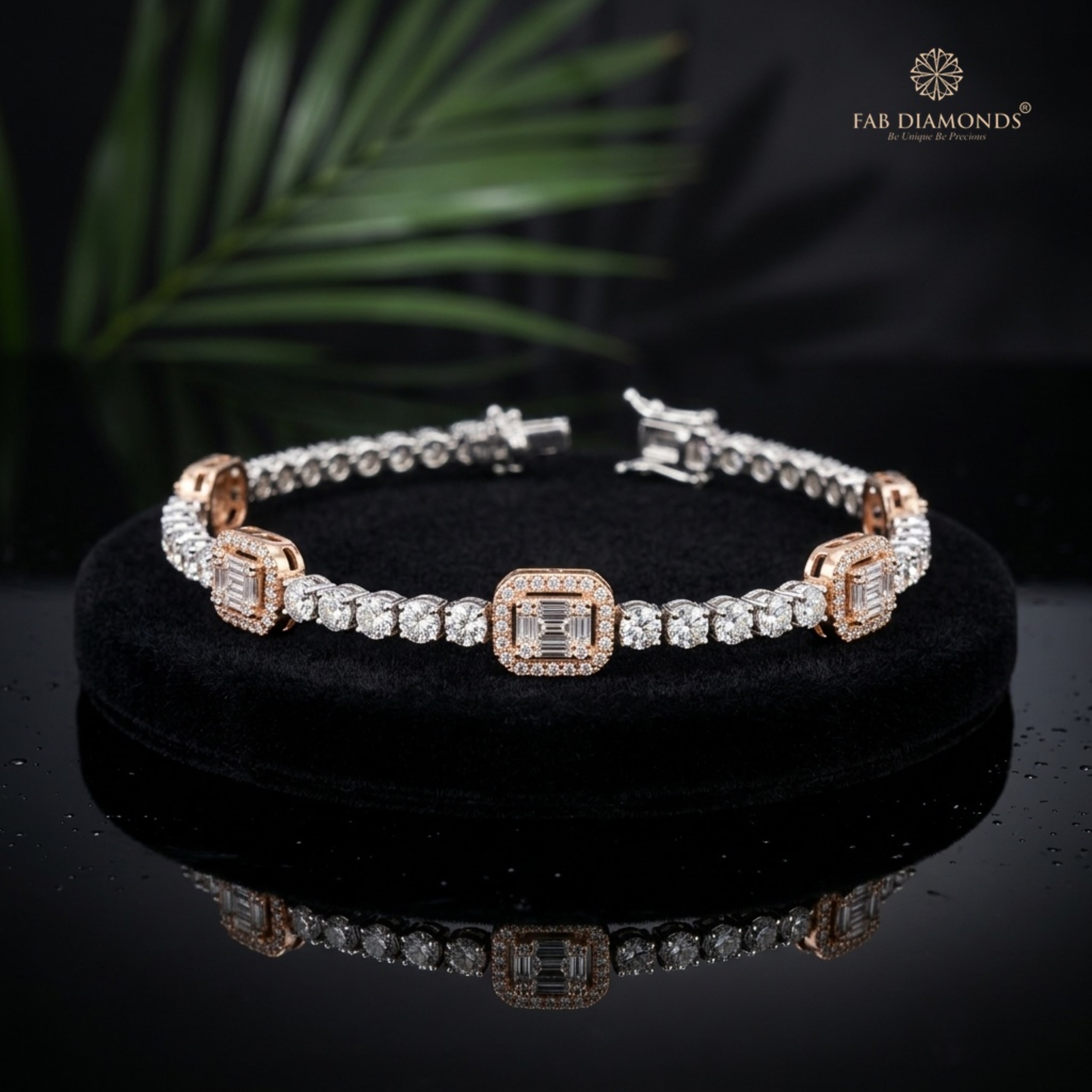 A two-tone 18KT gold tennis bracelet with rose gold cushion halo diamond stations