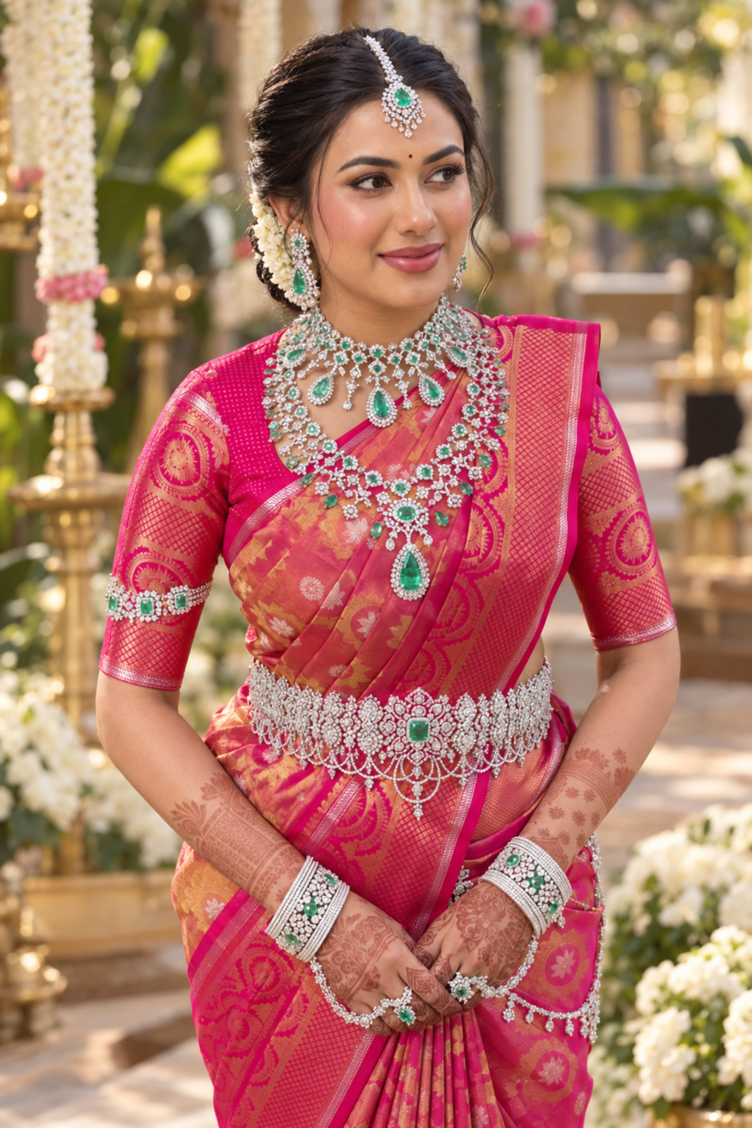 A natural South Indian bride adorned in an authentic diamond and Colombian emerald bridal jewellery suite with a magenta-pink Kanjeevaram silk saree