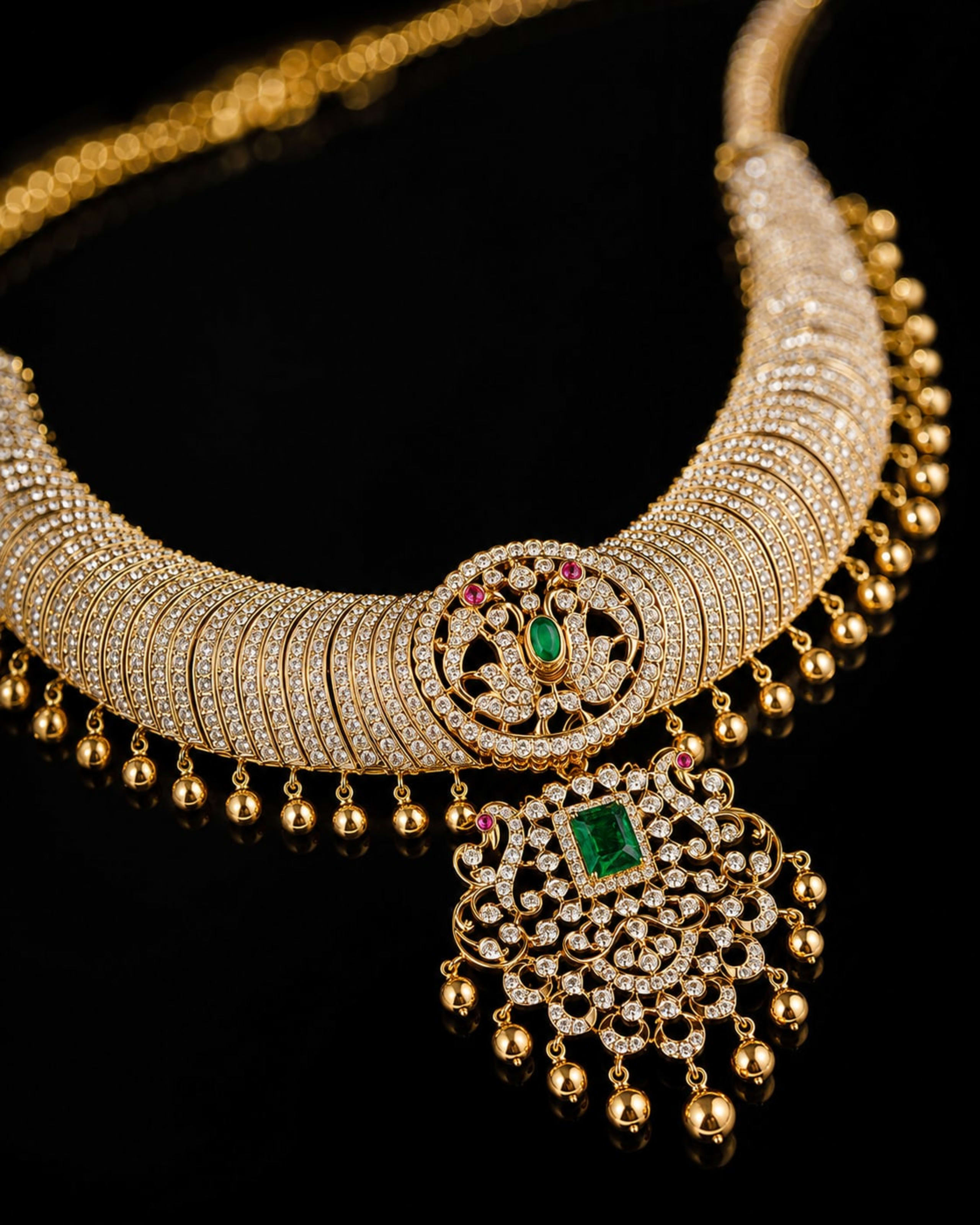 A gold collar set with white stones, emeralds and rubies, hung with gold drops, on a dark ground