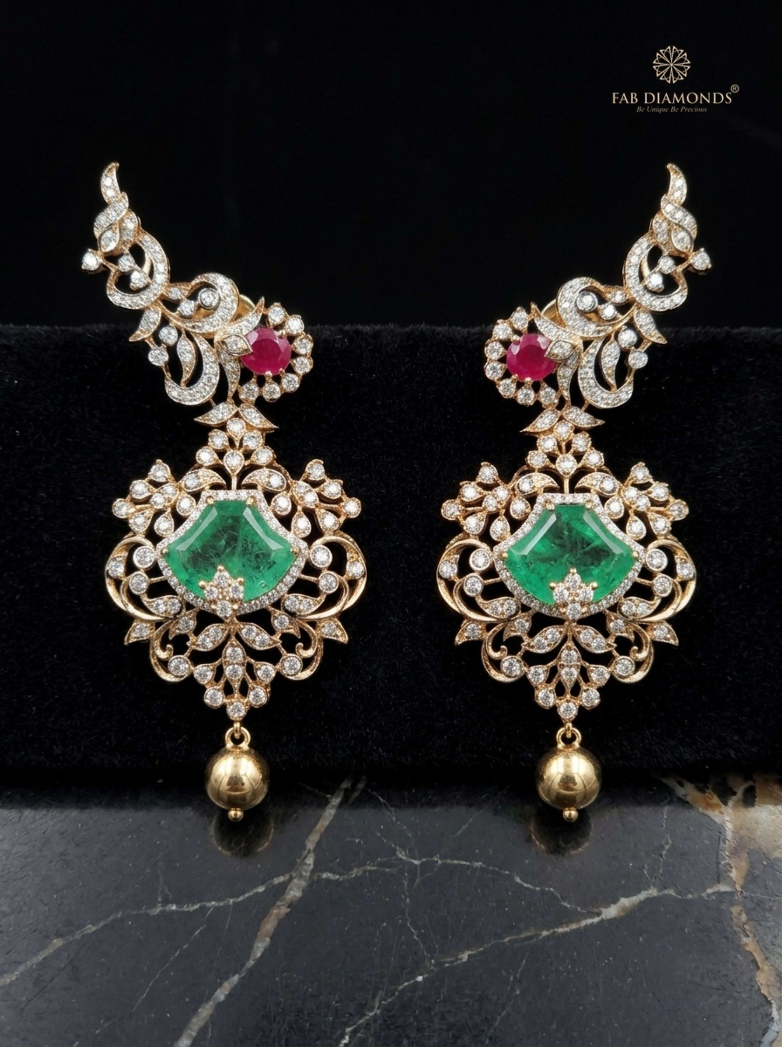 Diamond and Pink Sapphire Pavé Triple-Dome Chandelier Earrings on cream silk cushion