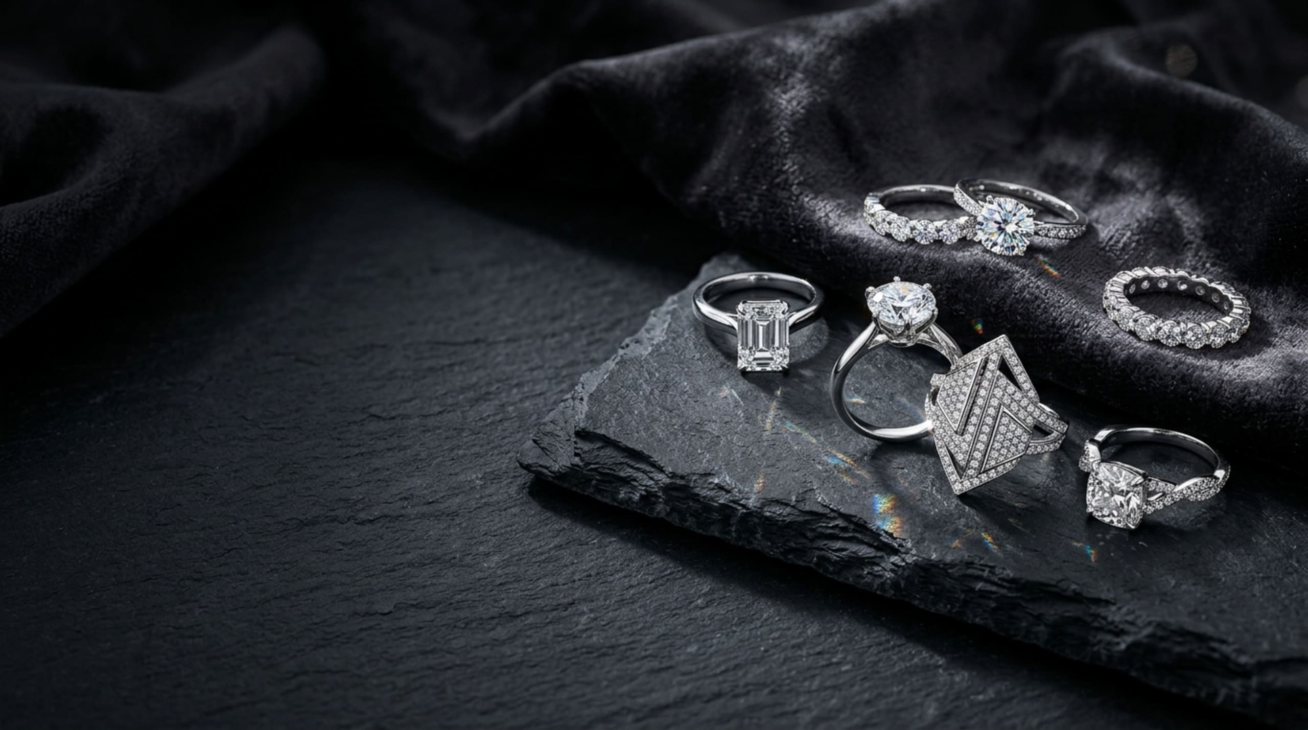 FAB Masterwork Diamond Rings and Solitaires on Velvet Slate