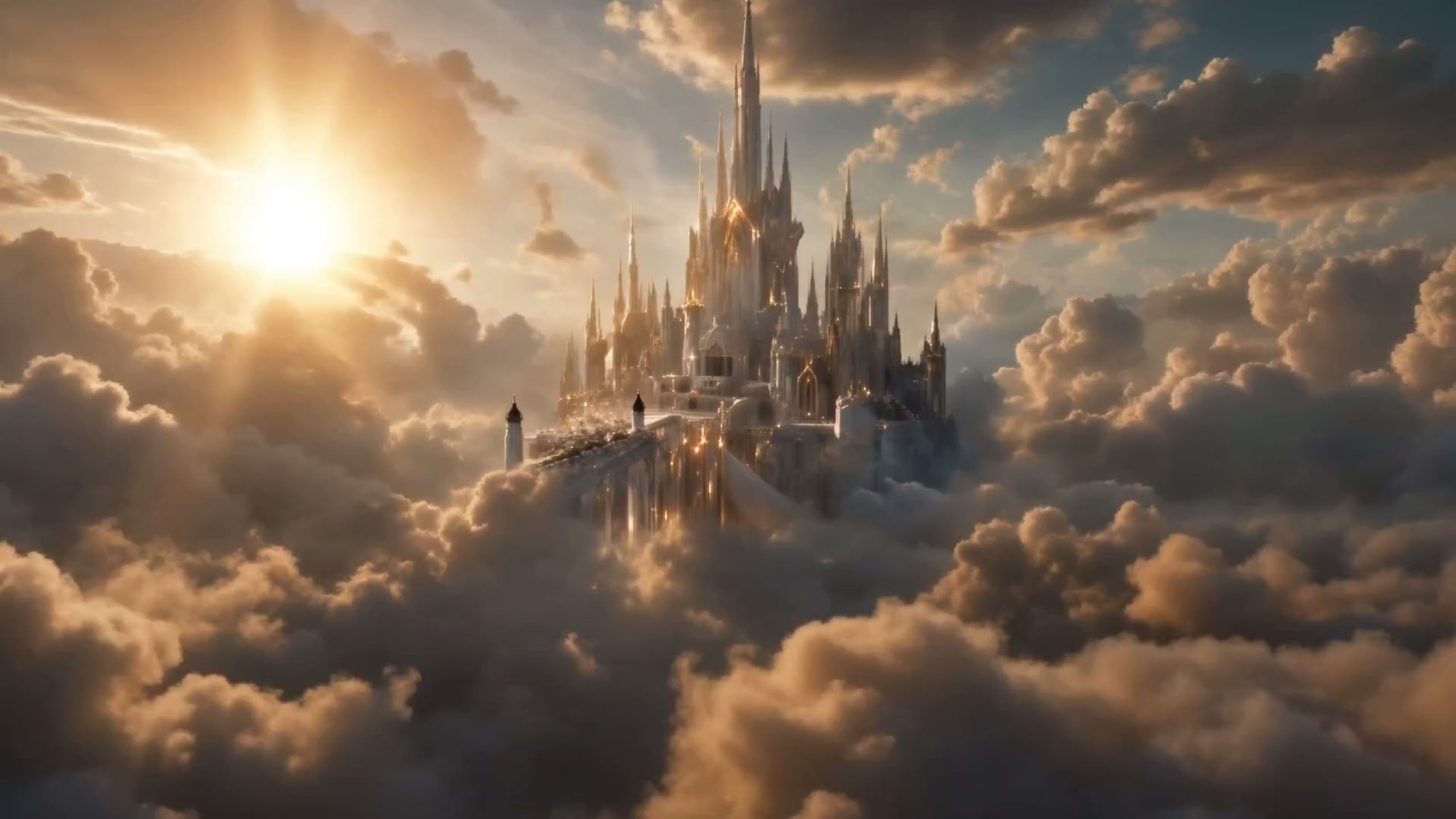A crystal palace of spires standing above a sea of sunlit cloud