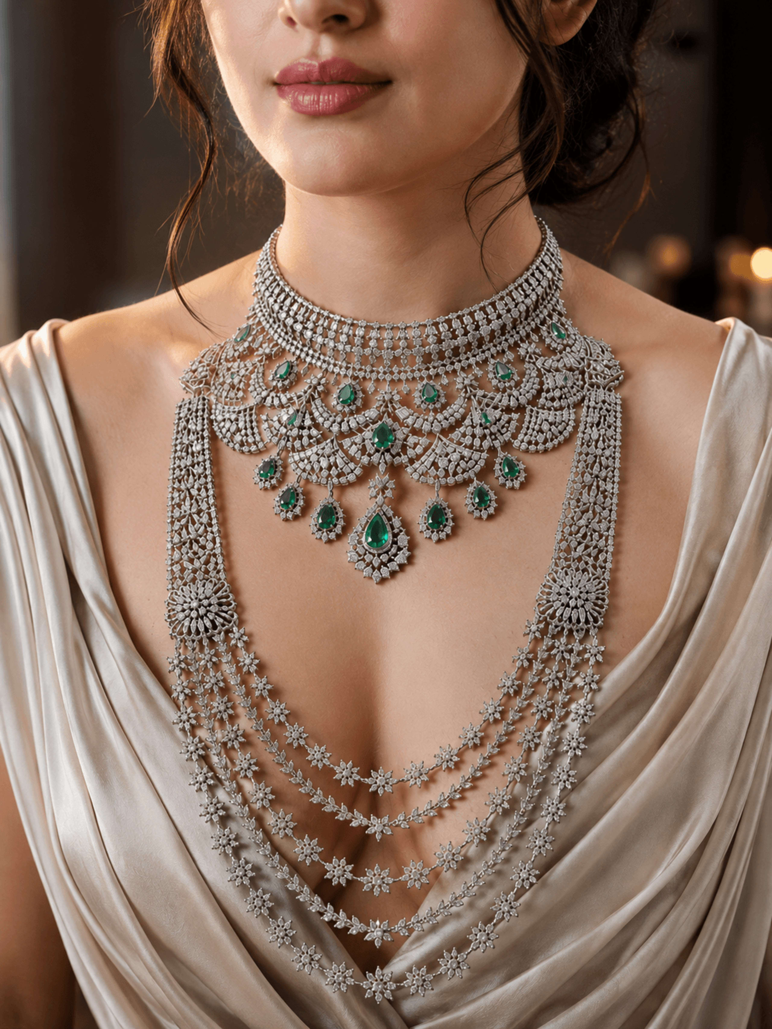 A fine diamond-set necklace and pendant worn at the collarbone