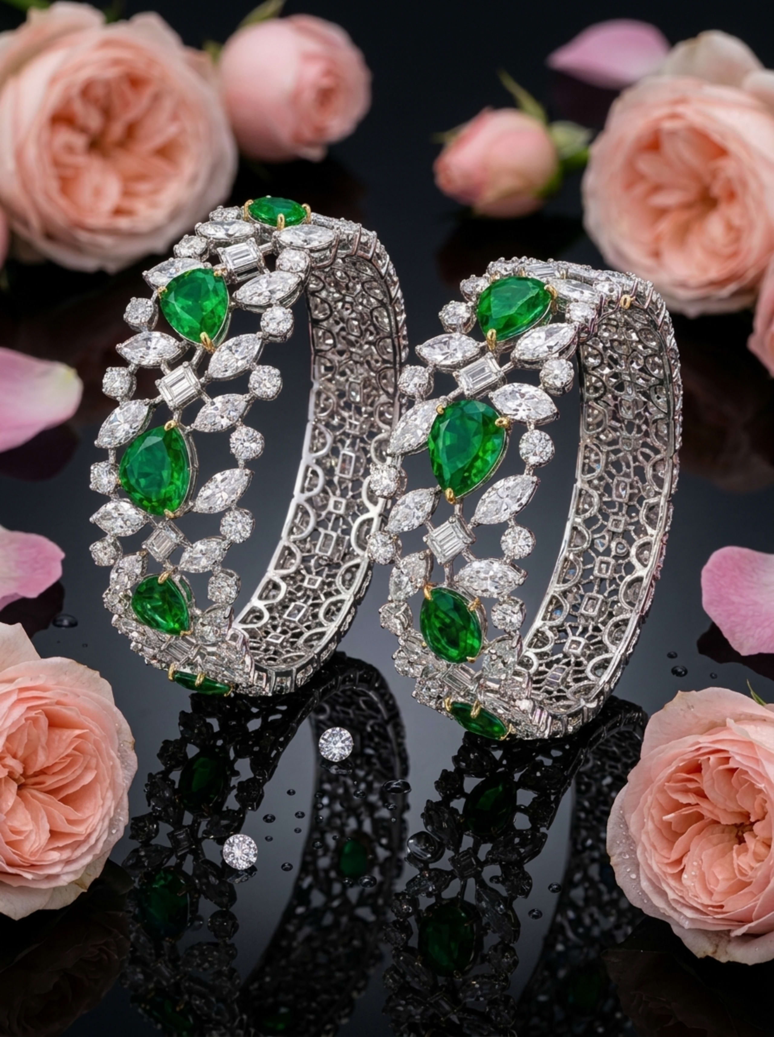 The Fairy Tale Emerald and Diamond Openwork Cuff Bangles pair on a glossy black obsidian ground with dewy pink roses