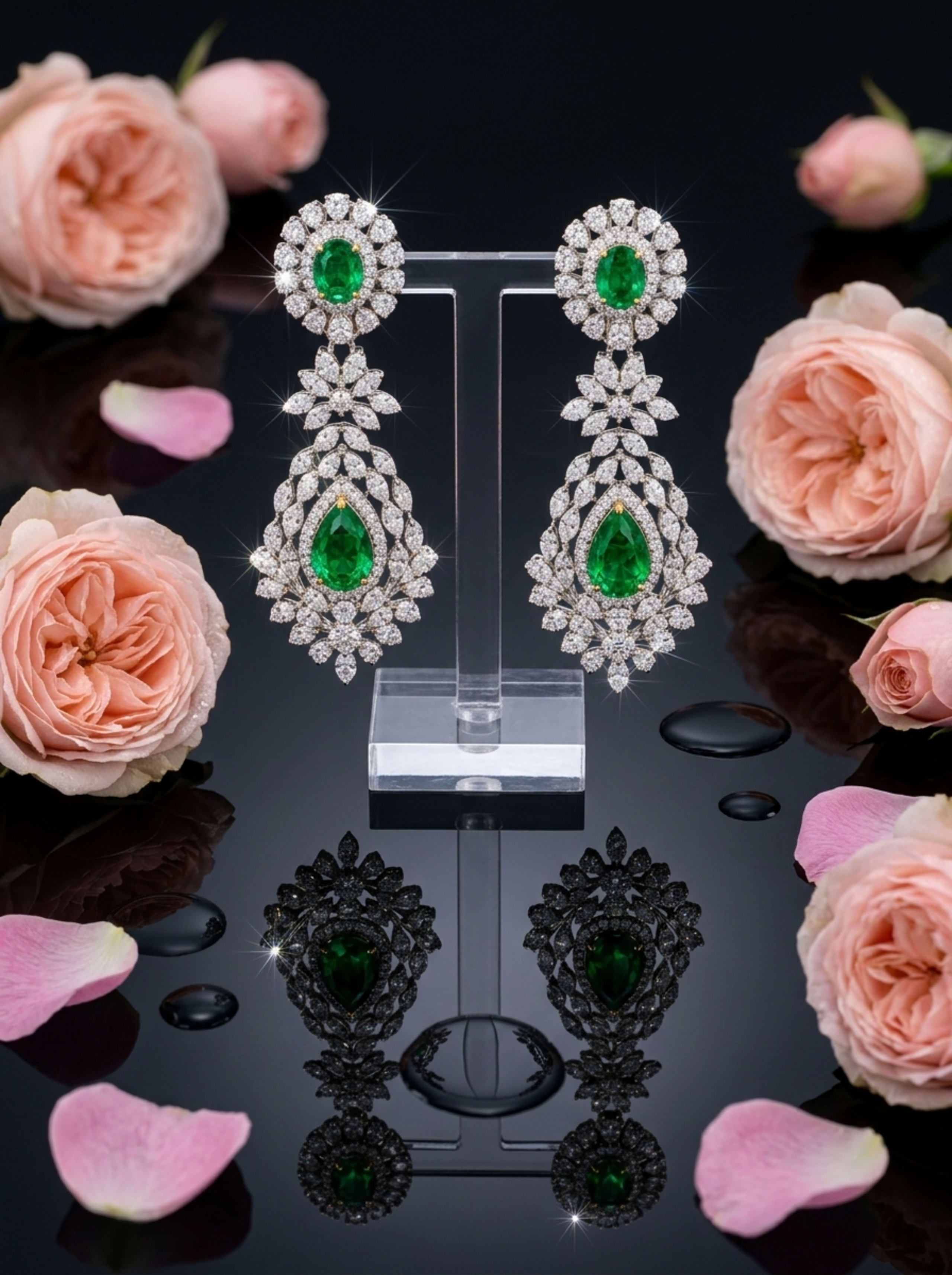 The Fairy Tale Emerald and Diamond Chandelier Earrings pair mirrored on a glossy black obsidian ground with dewy pink roses