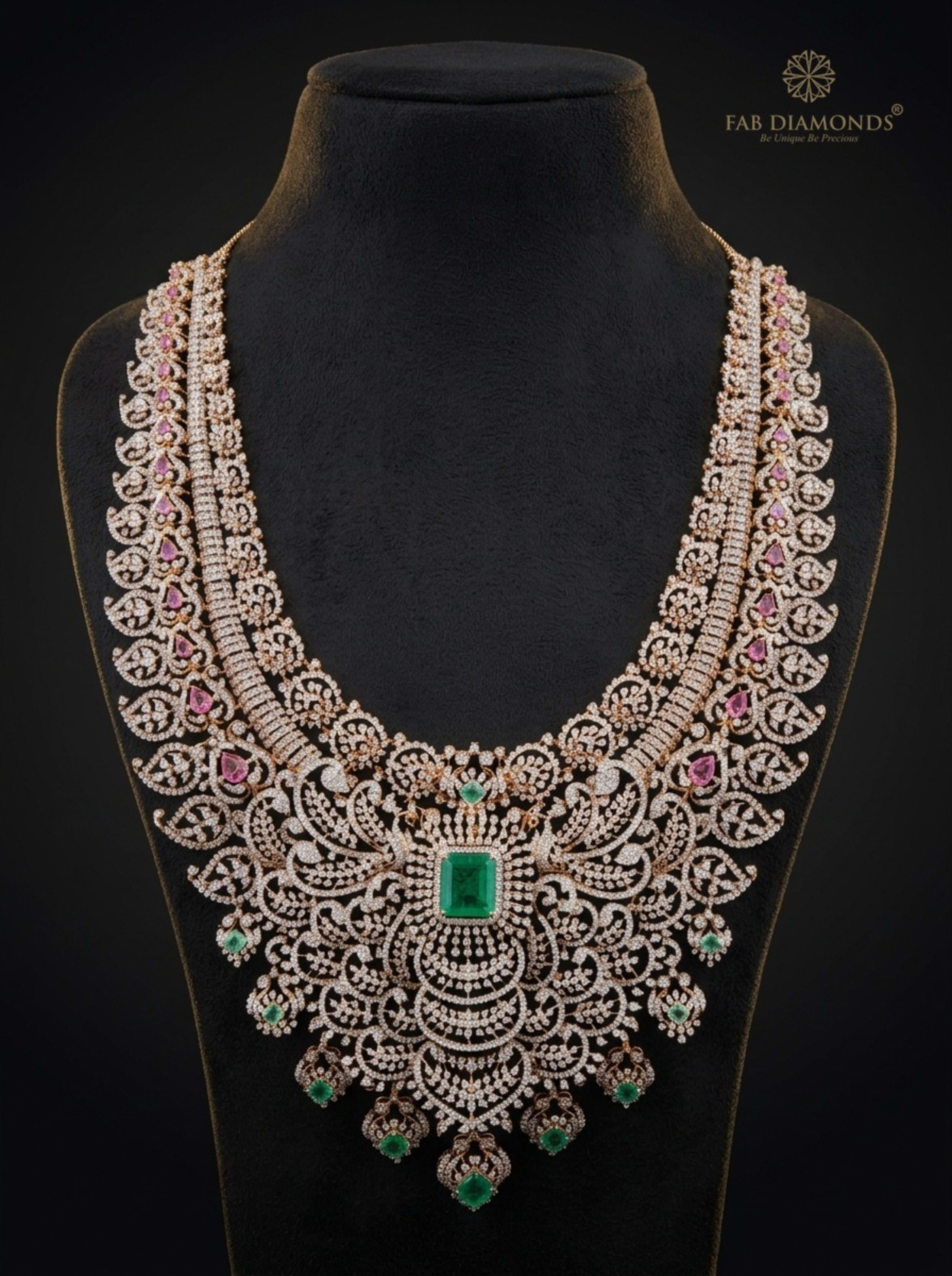 Imperial Triple Diamond Strap Haram with Colossal Octagonal Emerald on velvet bust with gold FAB logo