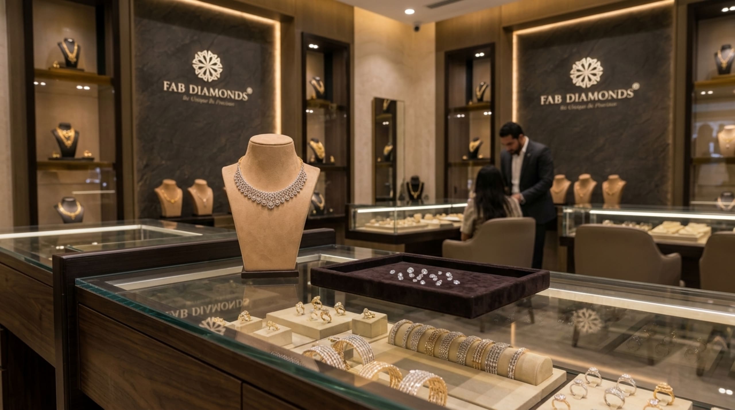 The FAB Diamonds boutique showroom showcasing fine diamond necklaces, bangles, rings, and loose diamonds in lit glass display vitrines