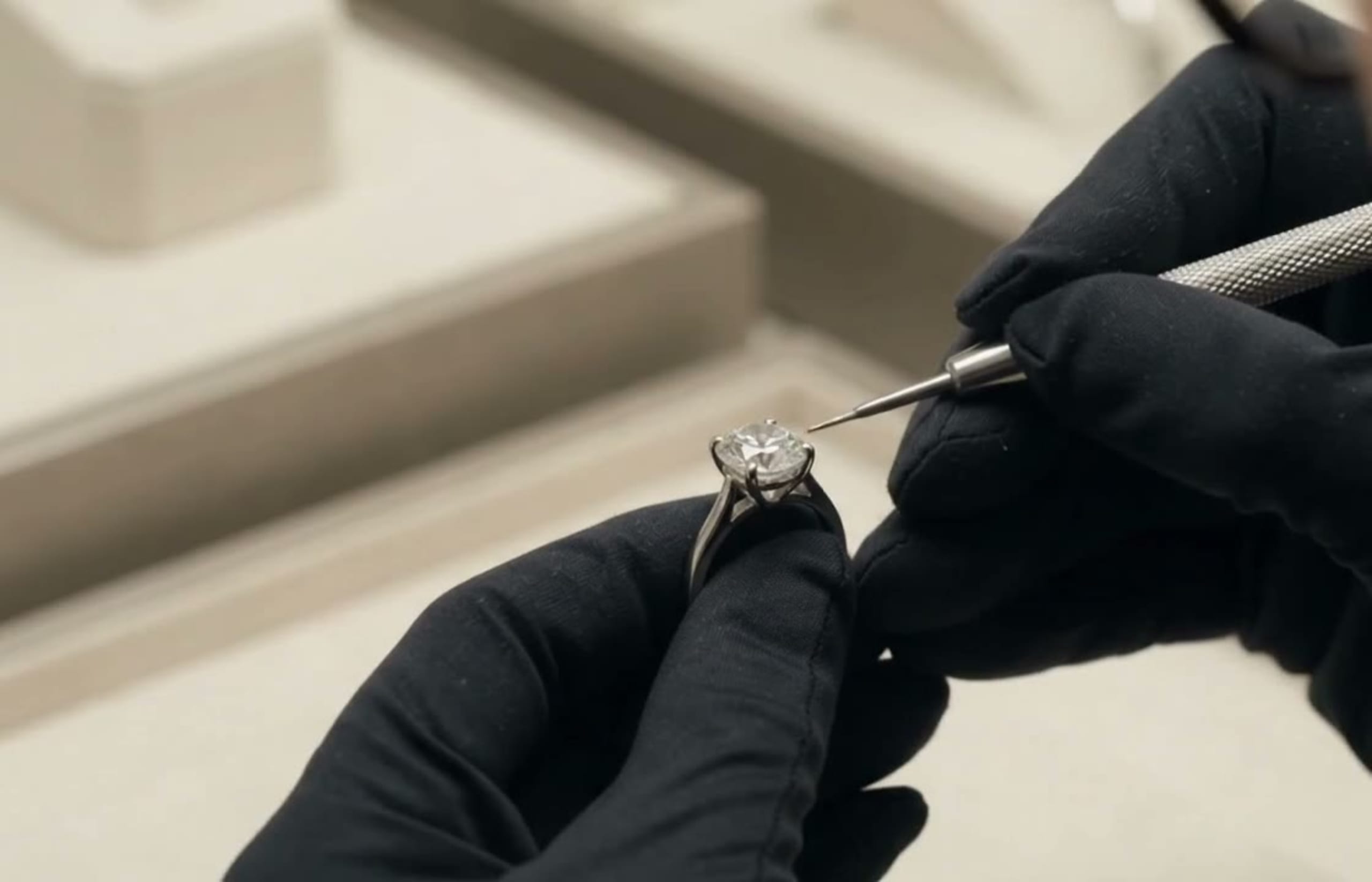 A gloved jeweller checking the setting of a solitaire ring at the bench