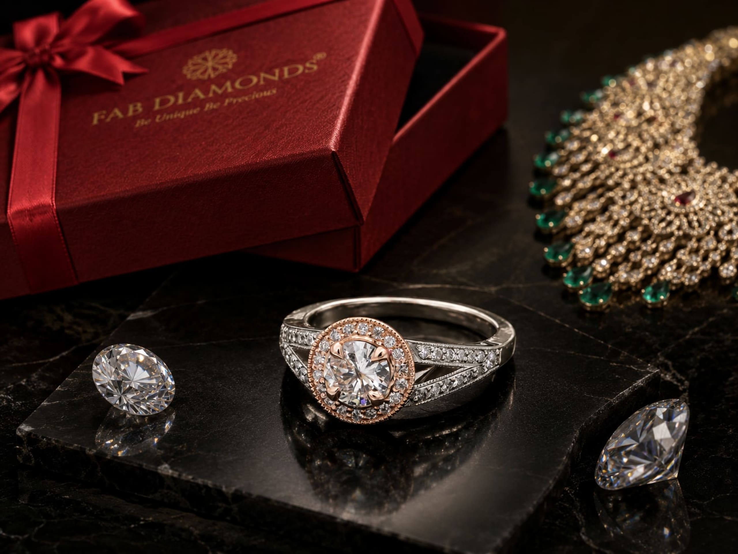 A halo ring and two loose diamonds on dark marble, beside a red FAB Diamonds box and an emerald and gold necklace